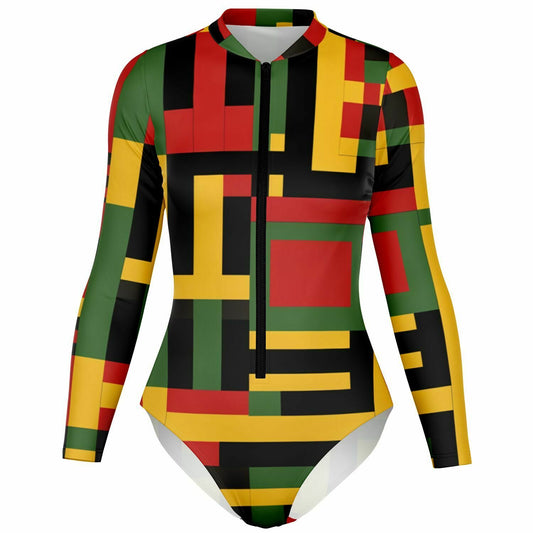 African Kente Print Women's Long Sleeve Bodysuit , African Wax Print Women's Fashion