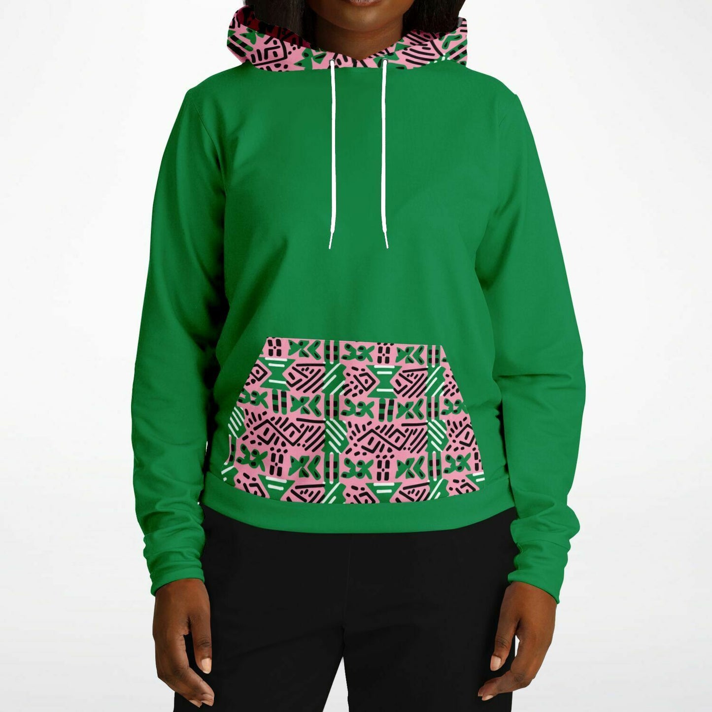 AKA Pink & Green Sorority Inspired African MudCloth Color Block Print Women's Athletic Hoodie, College Sorority Gift