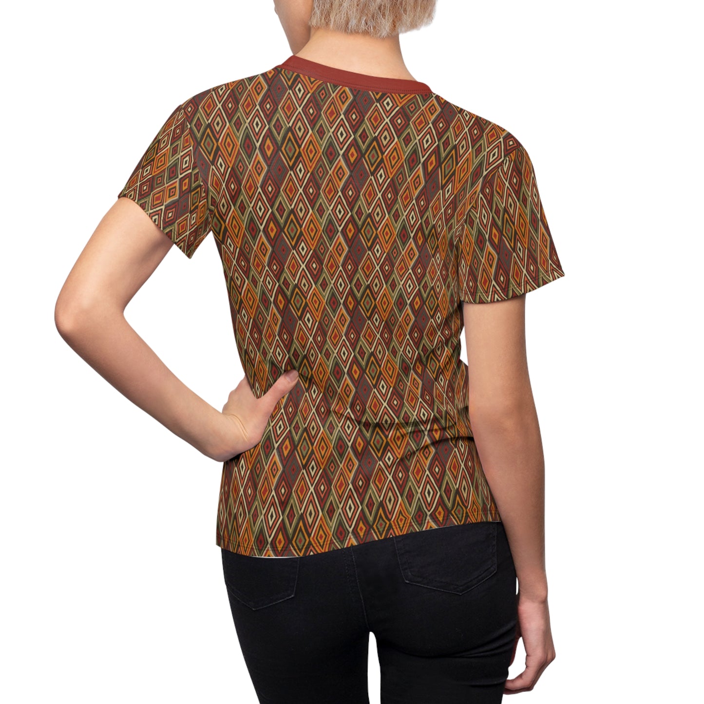 Women's Geometric African Diamond Pattern T-Shirt, Vibrant Tribal Colors Tee