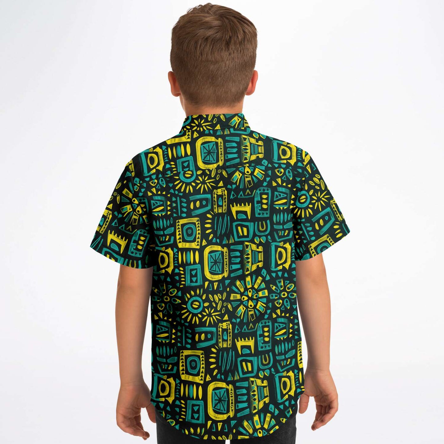 Blue, Green, Yellow African Print Kids Youth Short Sleeve Button Down Shirt