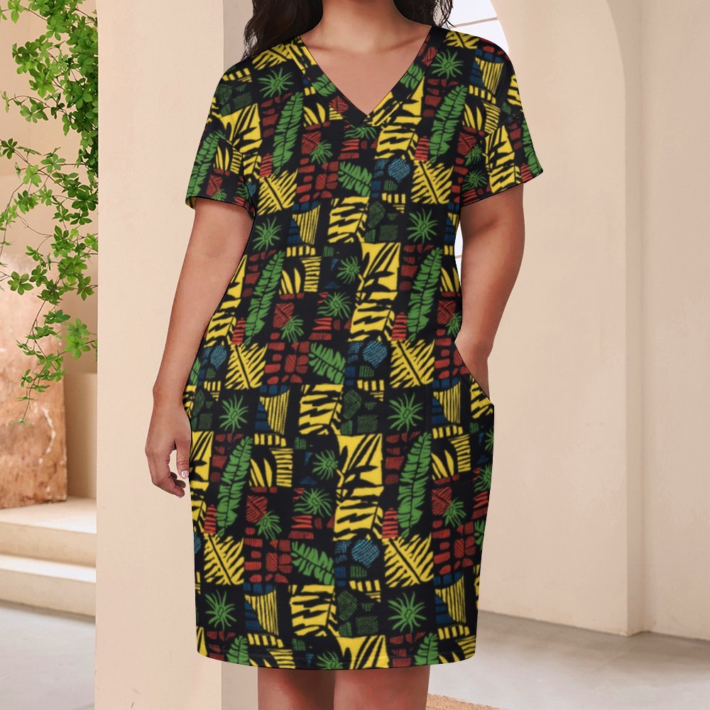 Plus Size African Print Women's Dress, Tropical Leaf & Drum Design