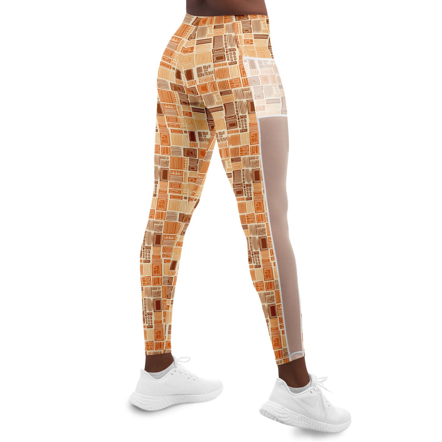 African Mud Cloth Earth Tone Mesh Pocket Leggings, Womens Ethnic Print Athleisure