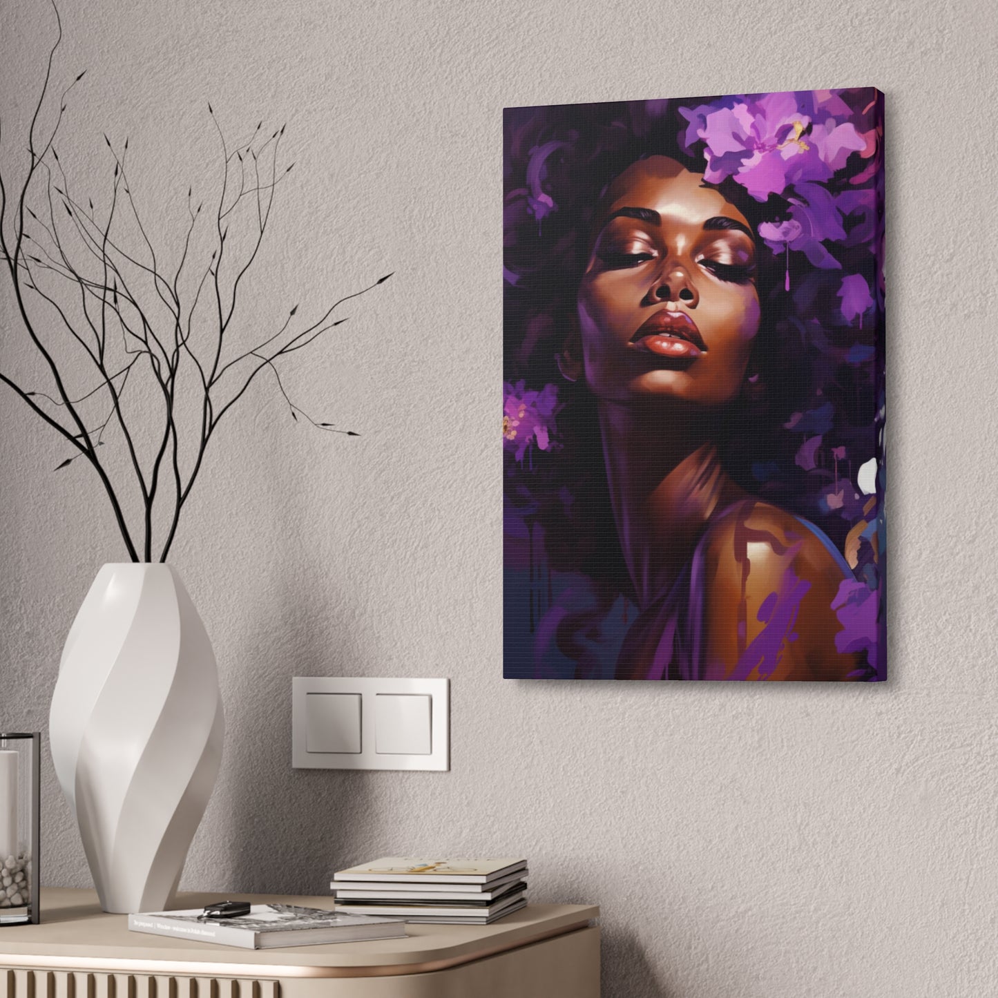 African Woman Stretched Canvas Print - Art Nouveau Purple Decor Canvas Poster