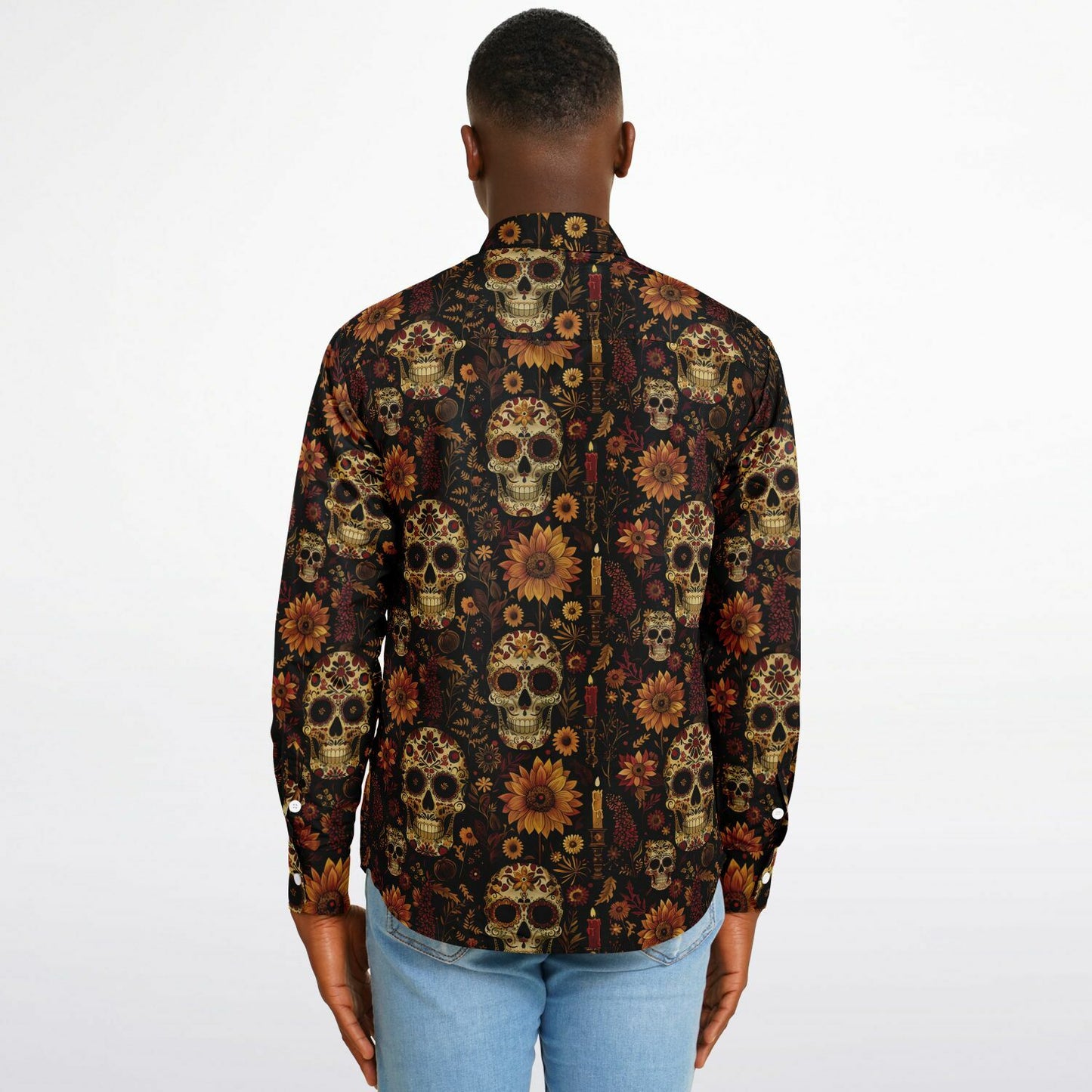 Men's Day of the Dead Long Sleeve Shirt, Afrocentric Skull Design Apparel