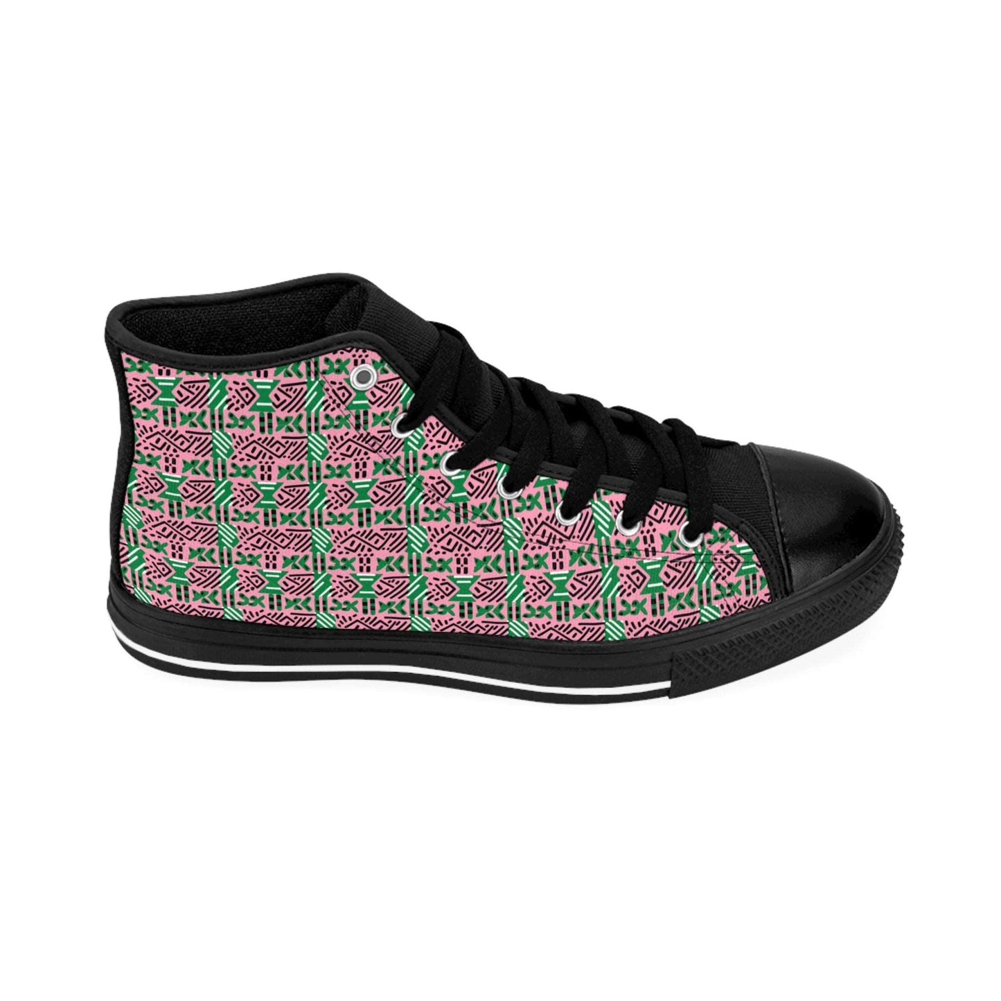 AKA Sorority Colors African Print Women's Hi-Top Shoes, Pink & Green Mud Cloth Print Sneakers