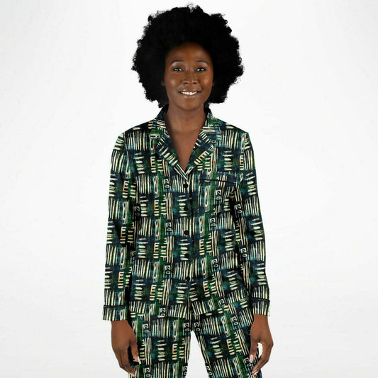 Jungle Safari African Mud Cloth Women's Satin Pajamas, Luxurious Green Mud Cloth Pattern Satin Pajama Set