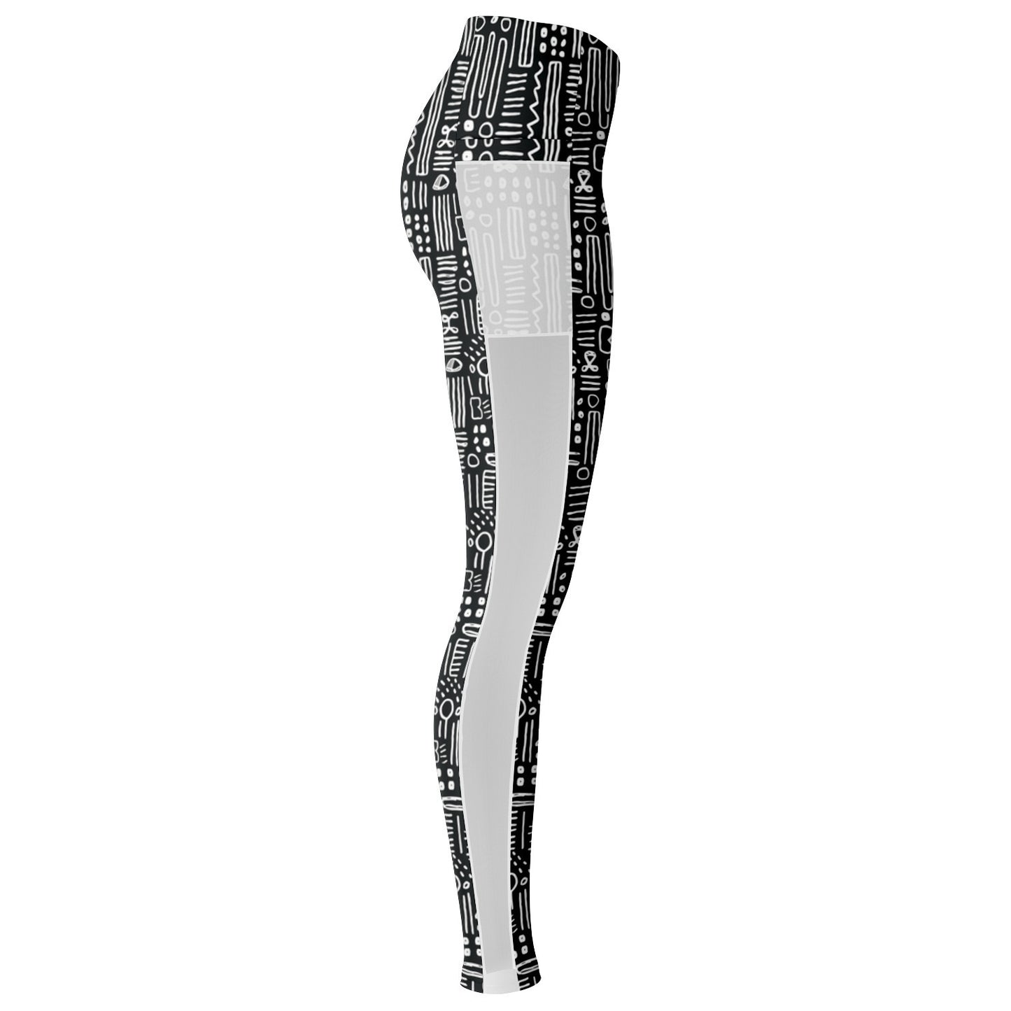 Black & WhiteAfrican MudCloth Print Mesh Women's Leggings, Women's Work Out Wear