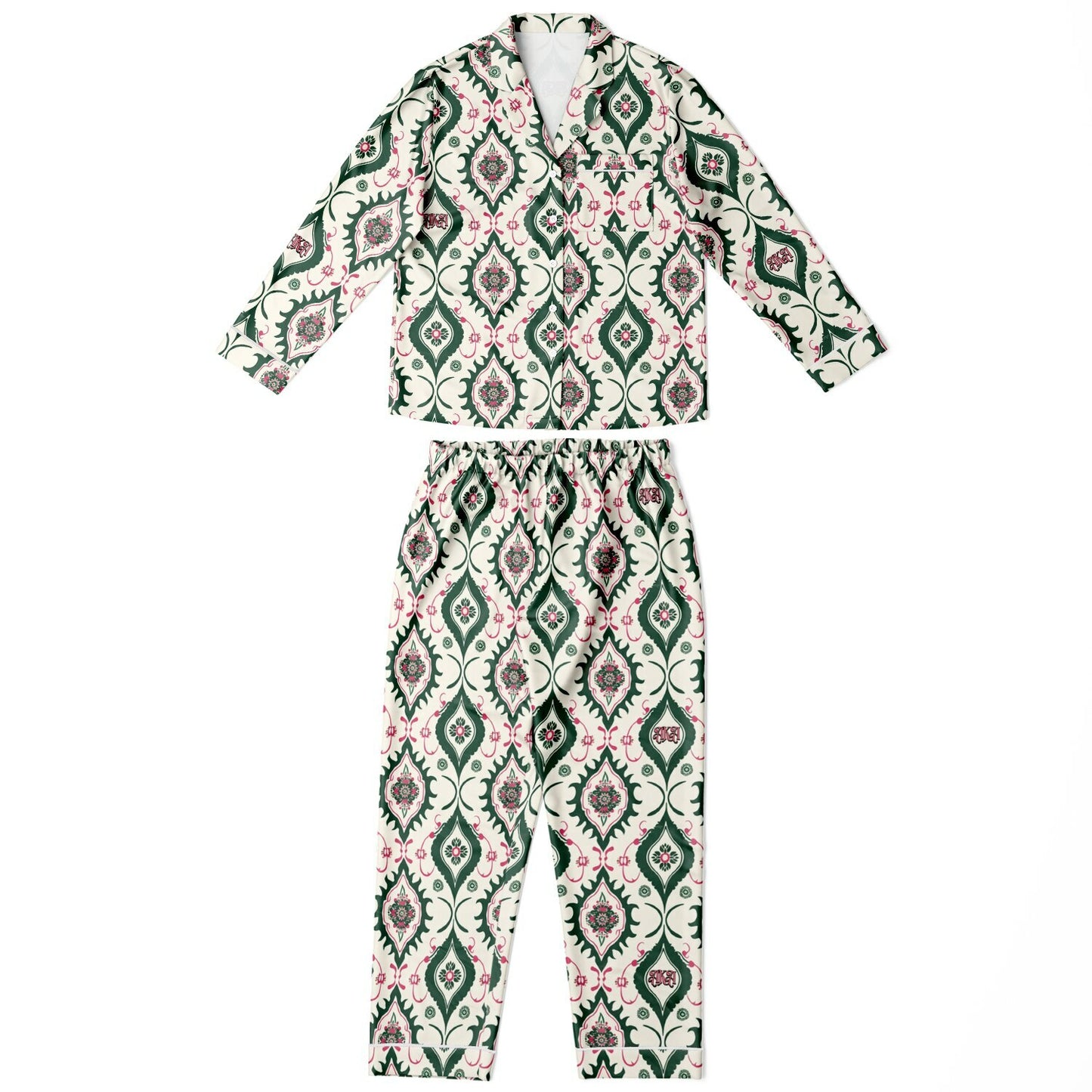 AKA Pink & Green Floral Pattern Women's Satin Pajamas, Luxurious Soft Sleepwear