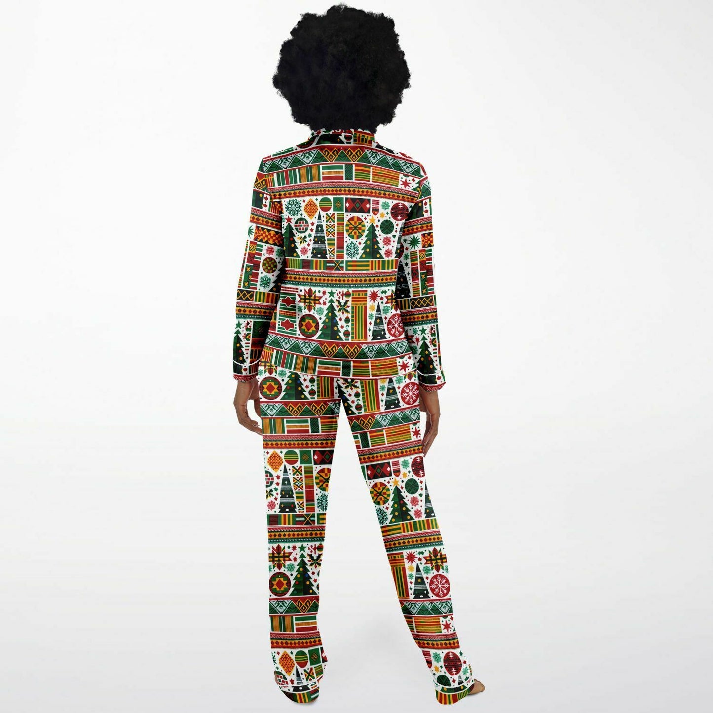 Kente Cloth Christmas Women's Satin Pajamas, Colorful Kente Cloth Christmas Themed Night Wear