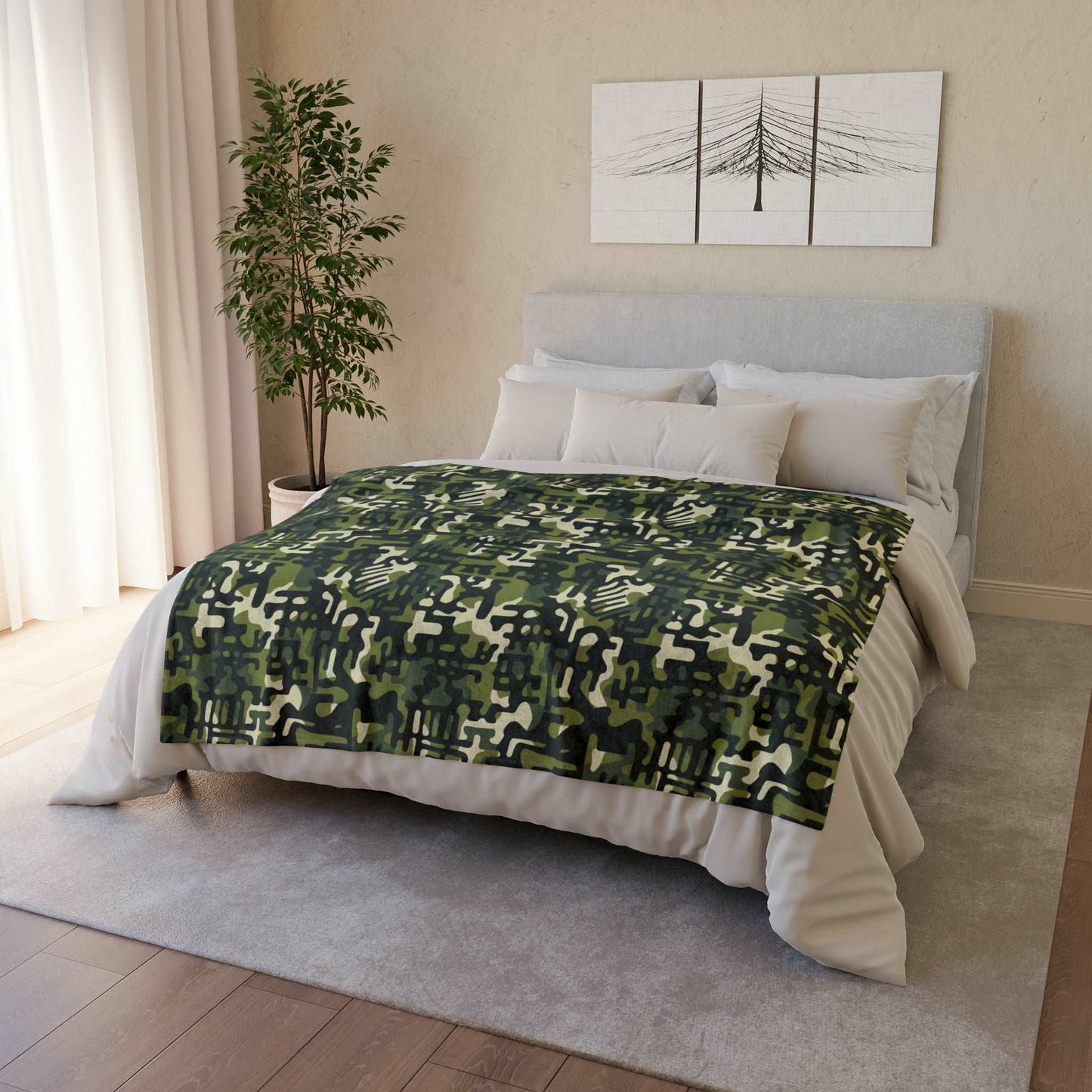 African MudCloth Meets Camouflage Throw Cover,  Green Camouflage African Print Bedroom Decor