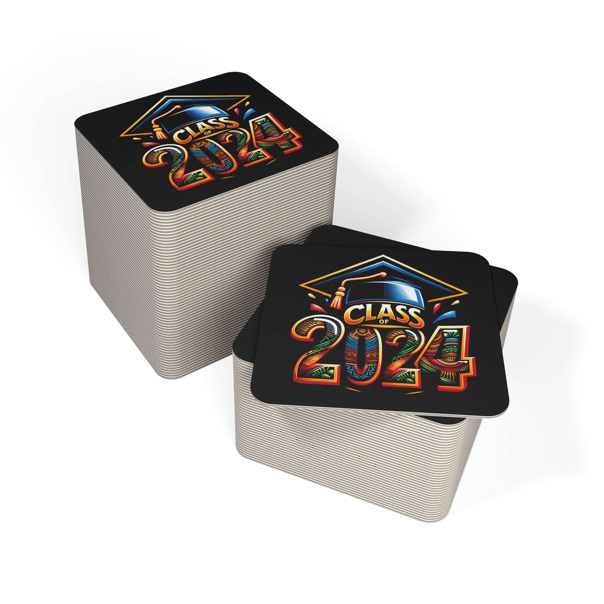 Afrocentric Class of 2024 Graduation Square Coasters,  4" HBCU Kente Cloth Print Bulk Hardboard Coasters