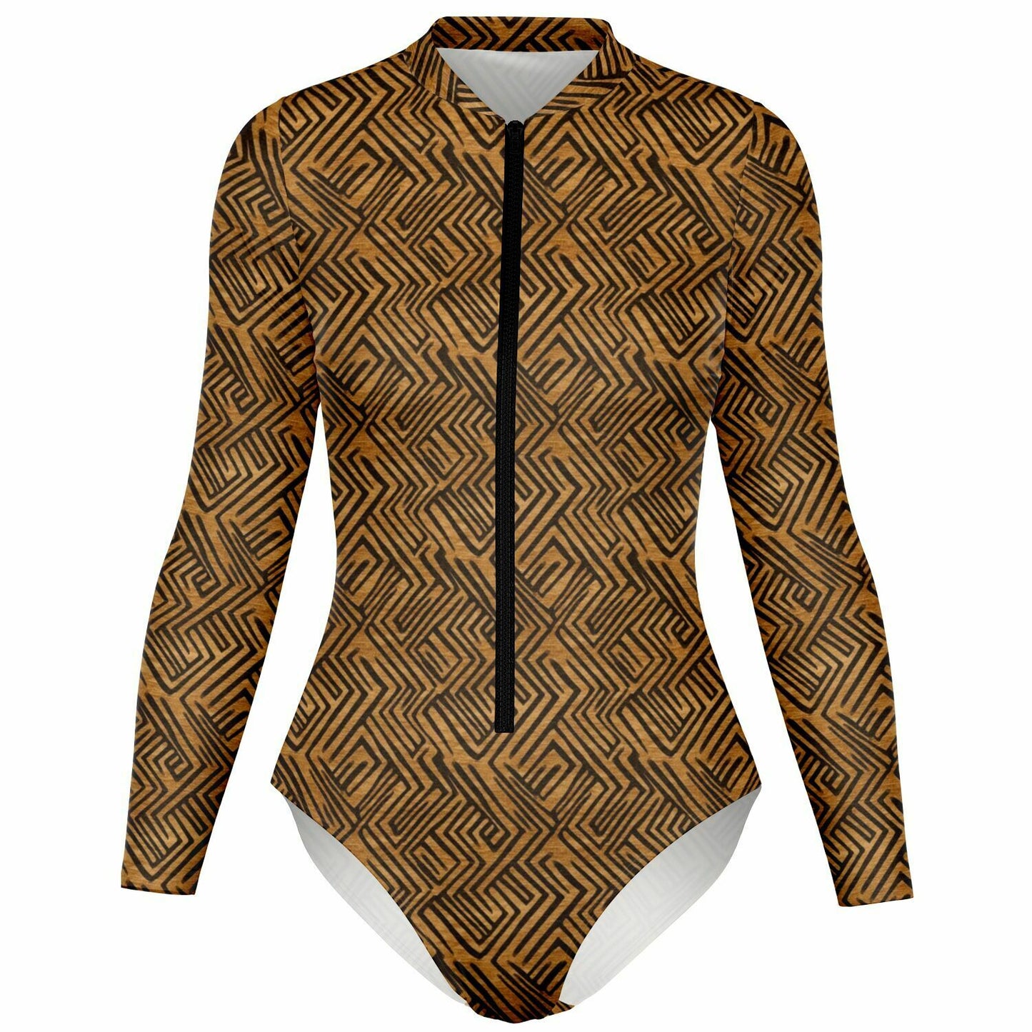 Brown & Black African Mud Cloth Women's Long Sleeve Bodysuit | African-Inspired Fashion | Comfortable African Print Activewear - Ships Free