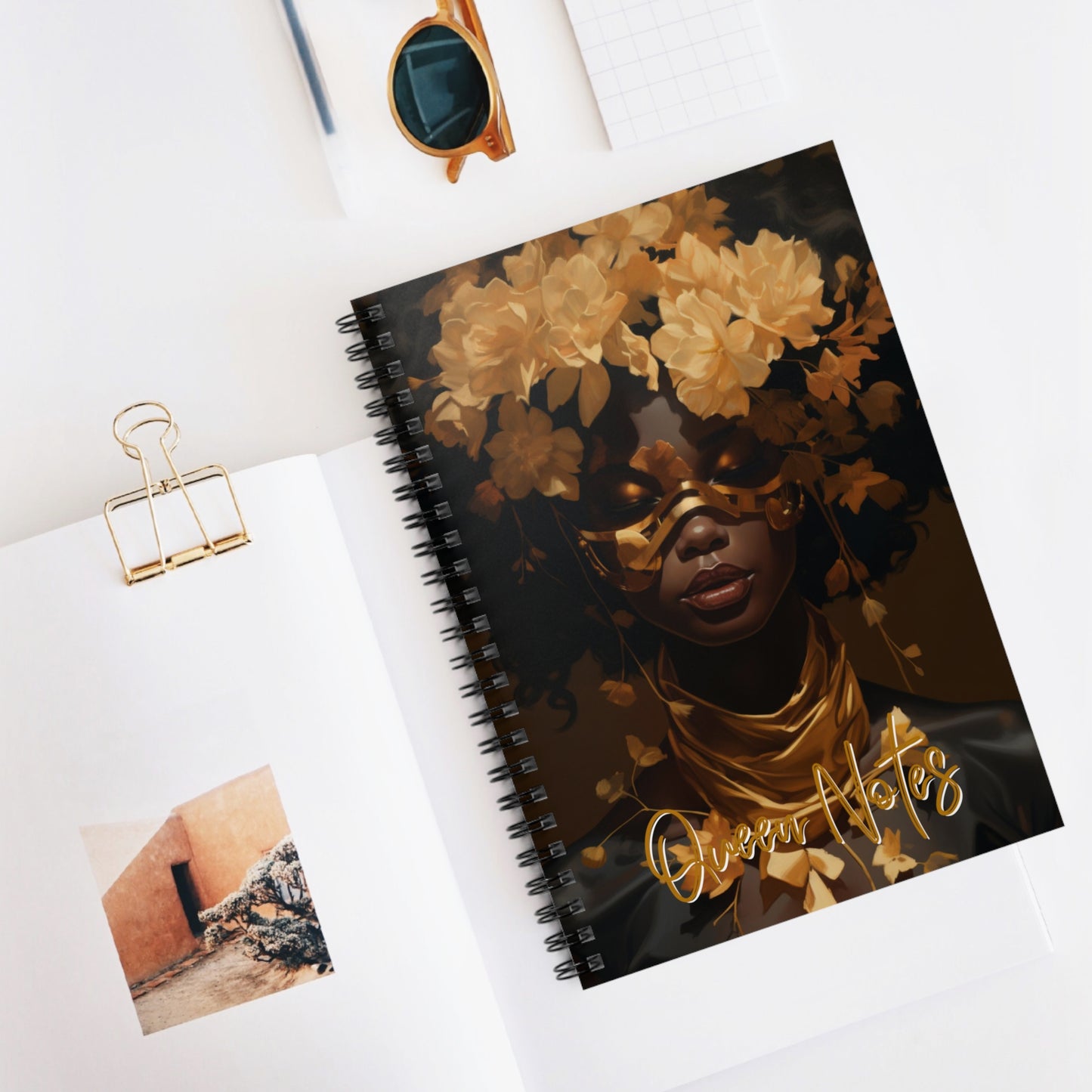 Black Woman Artgerm Style Art Spiral Notebook, Black Woman Art in Gold Notebook