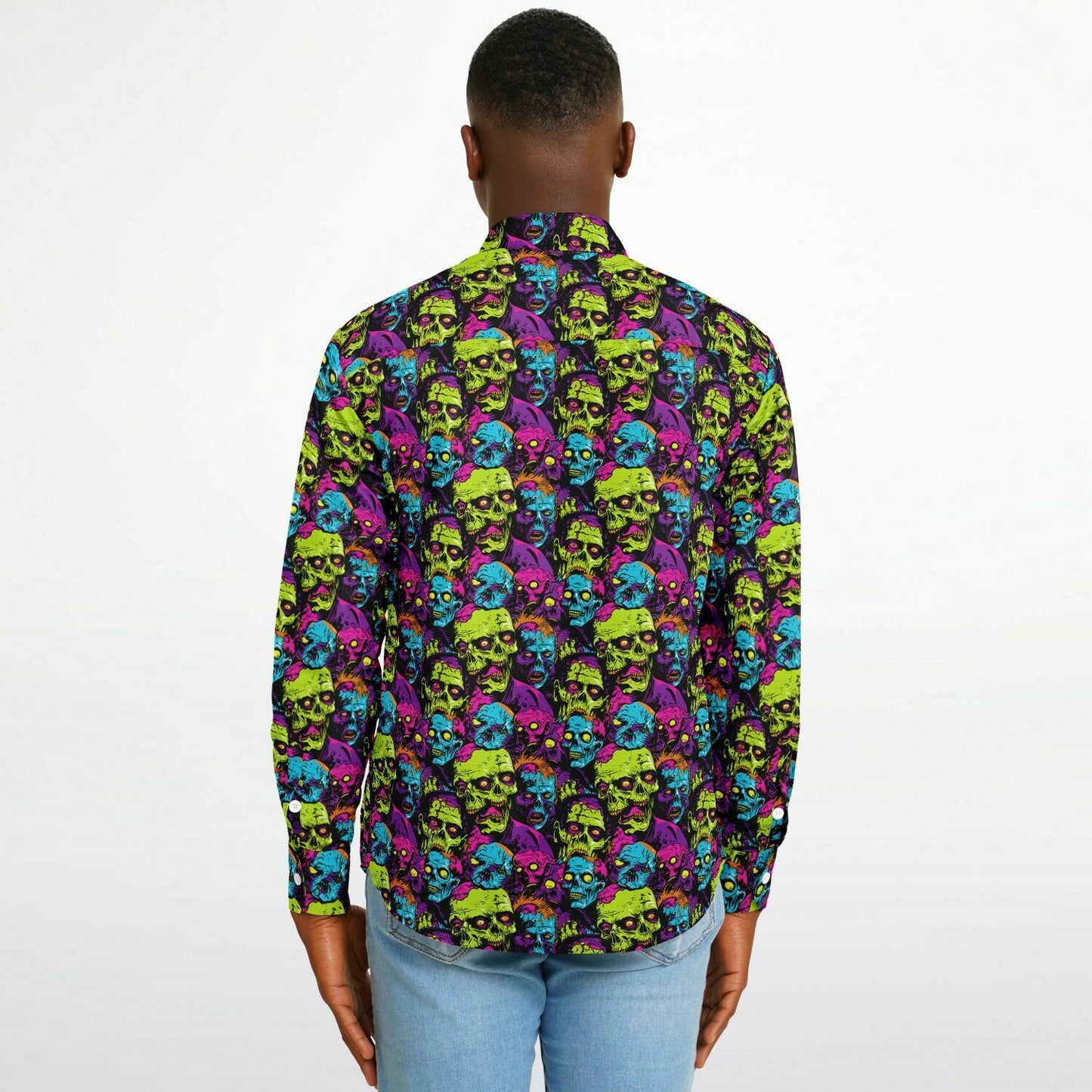 Bold Neon Zombie Horde Button Down Shirt, Comic Book Inspired Long Sleeve, Men’s Halloween Party Outfit