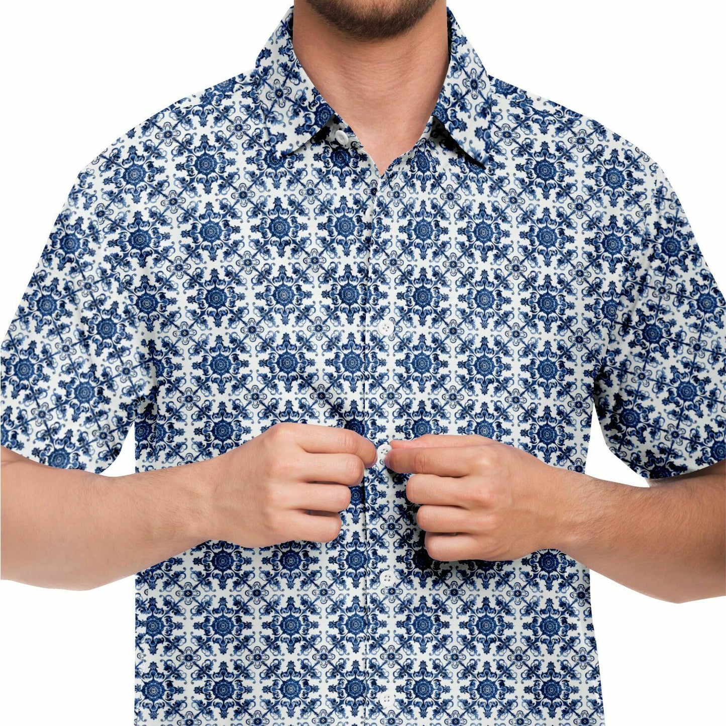 Blue Floral Pattern Short Sleeve Button Down Shirt, Men's Navy and White Print Dress Shirt