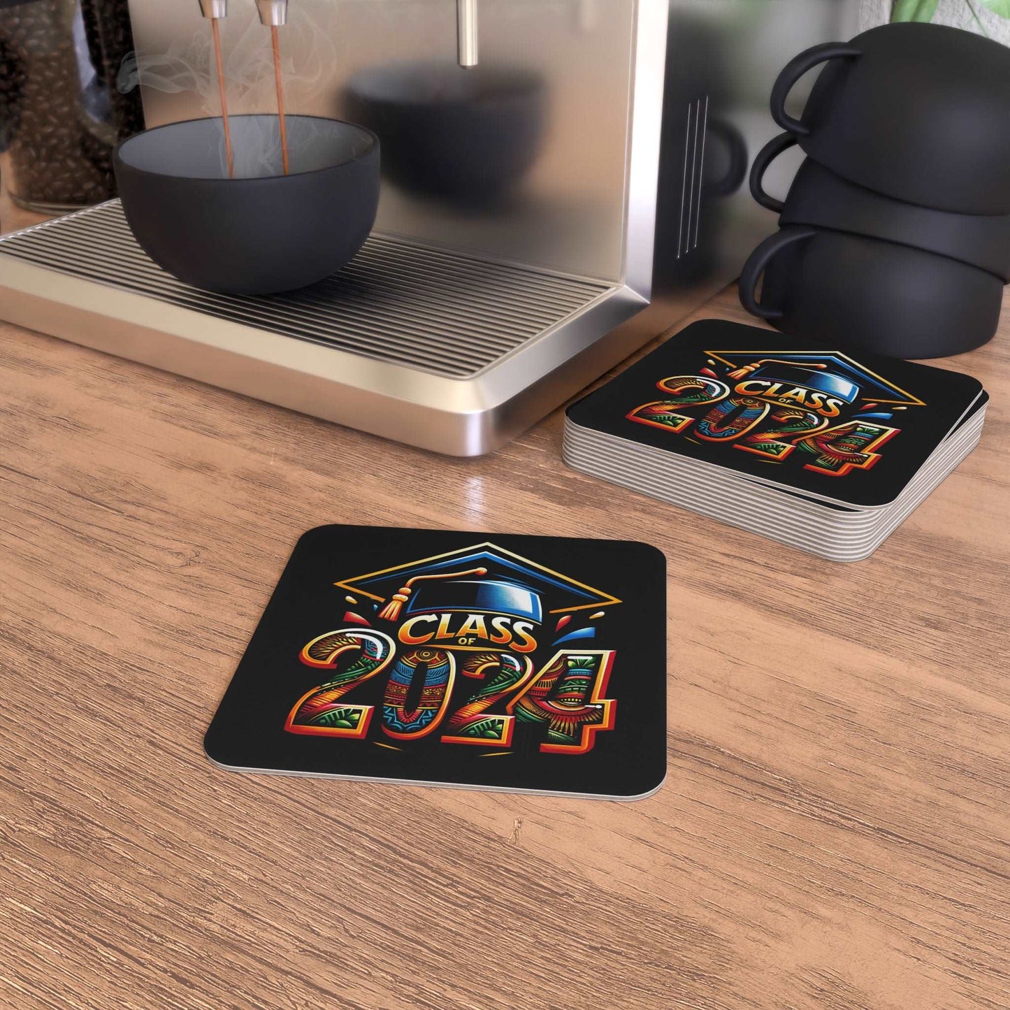 Afrocentric Class of 2024 Graduation Square Coasters,  4" HBCU Kente Cloth Print Bulk Hardboard Coasters