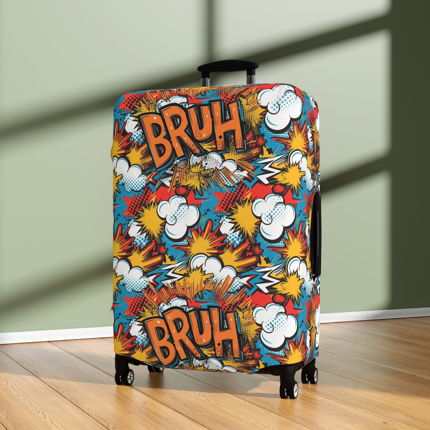 Comic Book Explosion "Bruh Moment" Luggage Cover, Pop Art Style Suitcase Protector