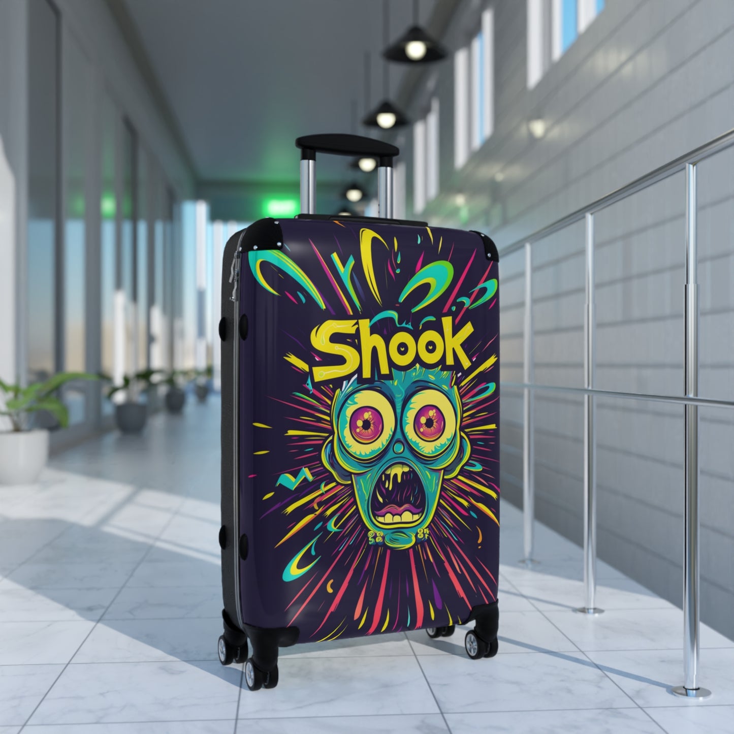 Urban Neon Pop Art "Shook" Rolling Luggage, Cartoon Streetwear Style Design, Personalized Travel Gear For Kids, Bold Fun Wild Art Suitcase