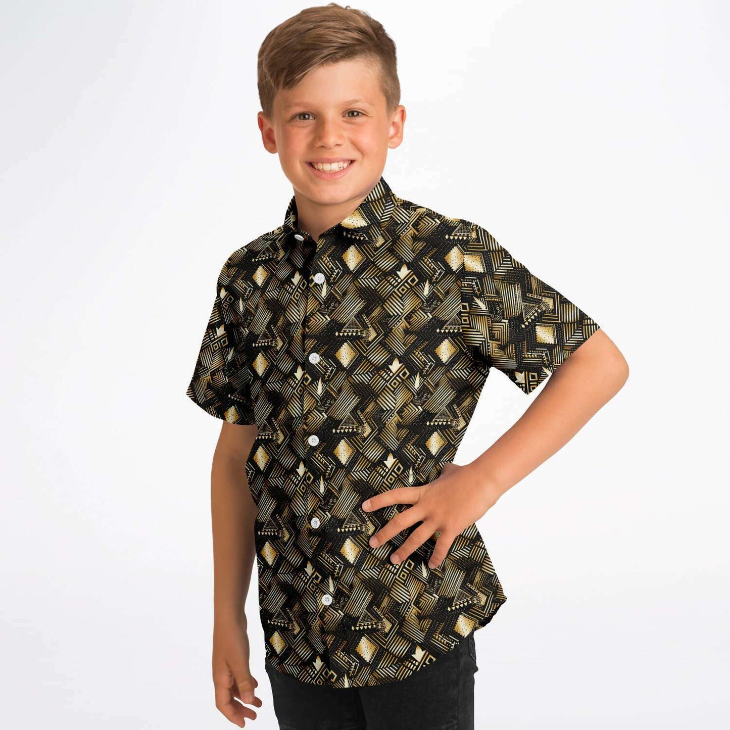 Gold & Black African Print Mud Cloth Short Sleeve Button Down Shirt | Youth Ethnic Print Button Down Shirt - Ships Free