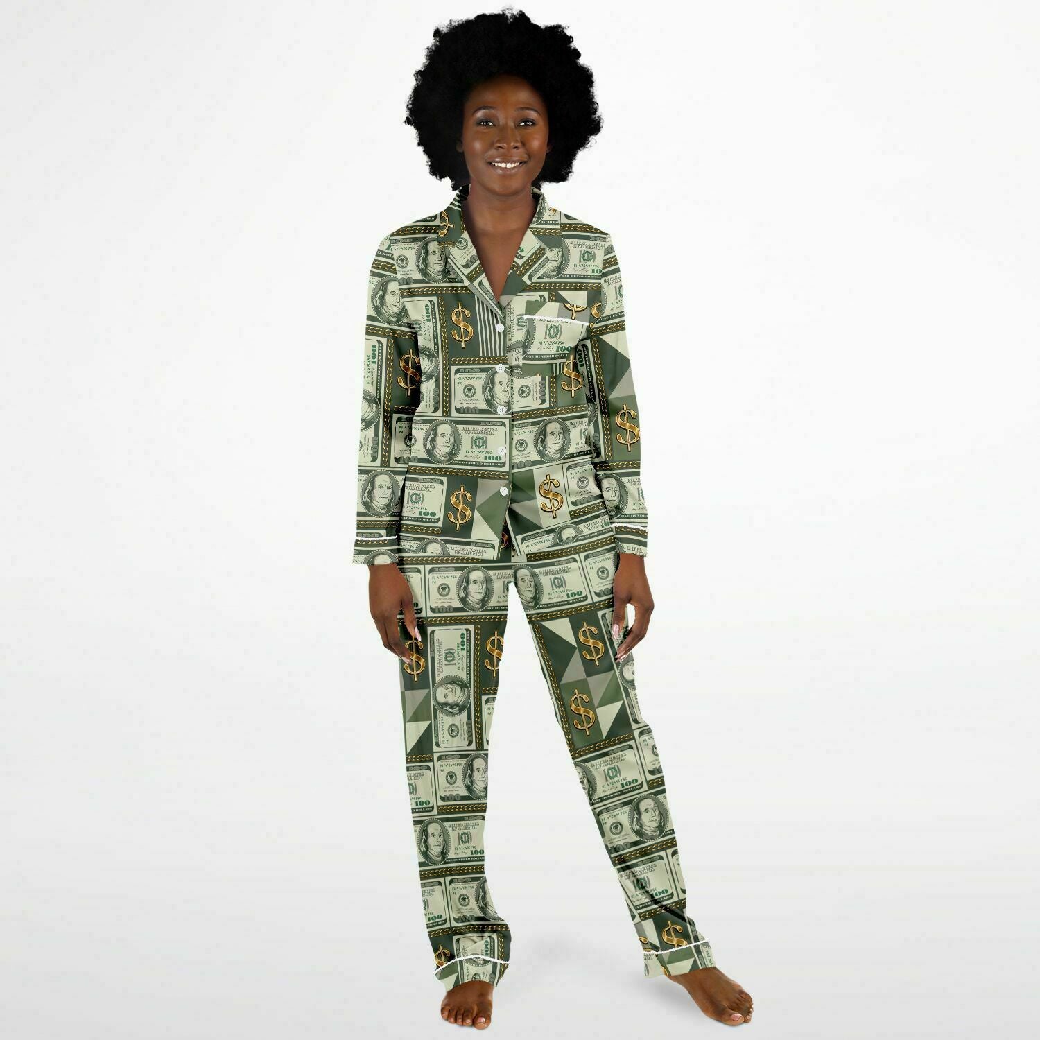 Money Manifestation Satin Luxury Pajamas for Women Money Print