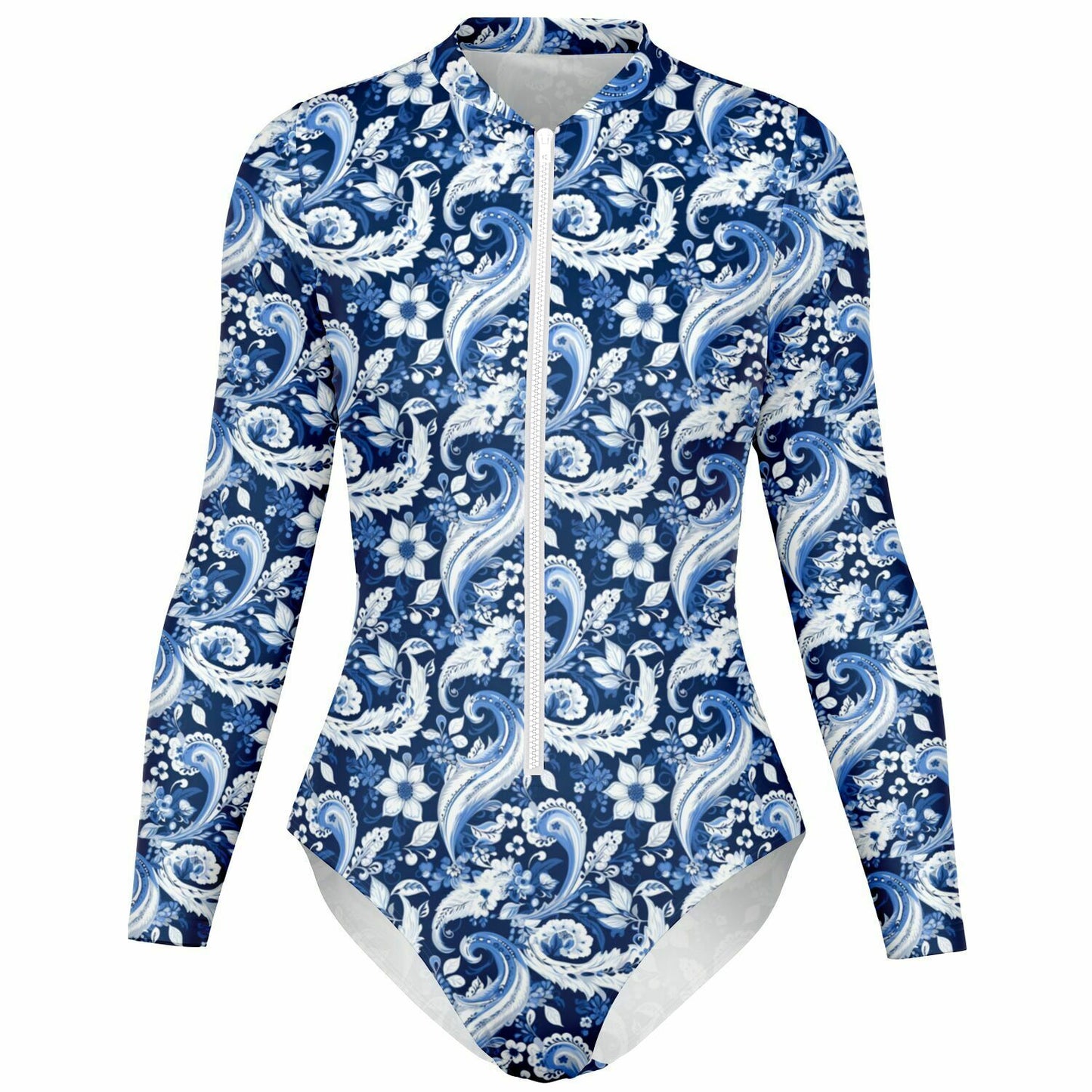 Blue & White Paisley Print Long Sleeve Bodysuit | Trendy UV protection Clothing | Paisley Print Women's Fashion | Bandana Print Bodysuit