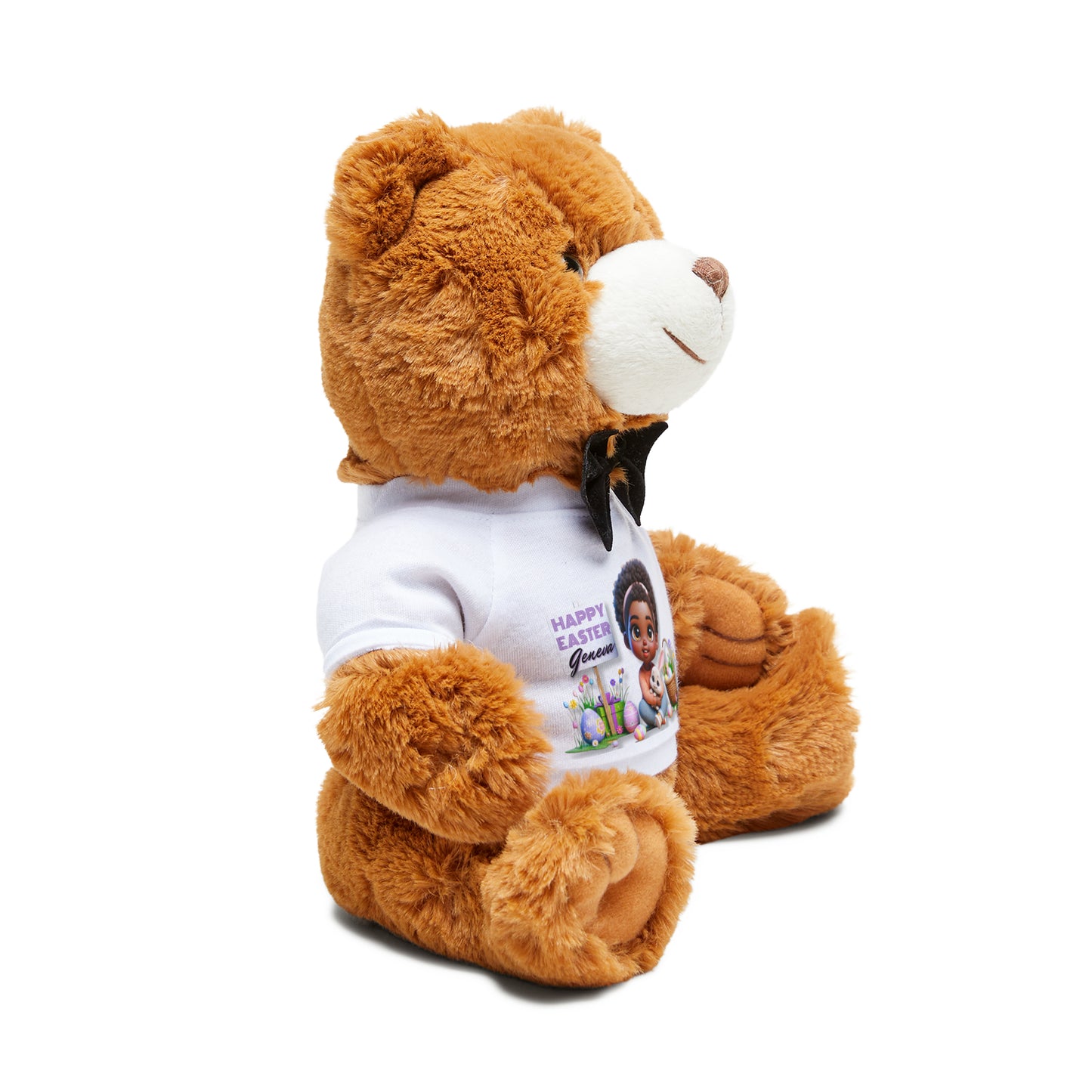 Customizable Easter Teddy Bear with Personalized T-Shirt, African American Girl Design with Easter Eggs