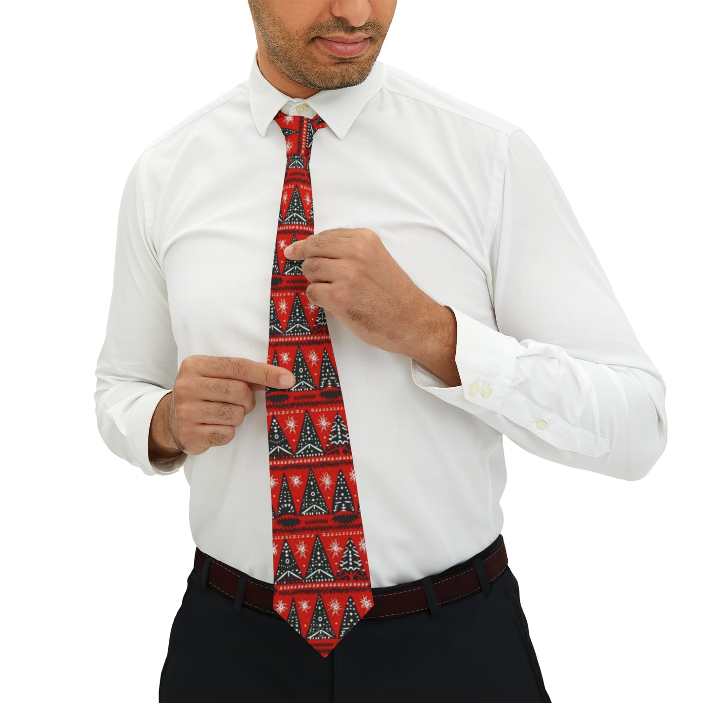 Red African Holiday Christmas Tree Print Necktie, Red Festive Christmas Mens Holiday Tie