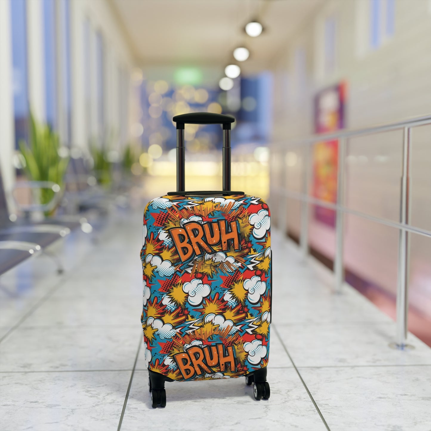 Comic Book Explosion "Bruh Moment" Luggage Cover, Pop Art Style Suitcase Protector