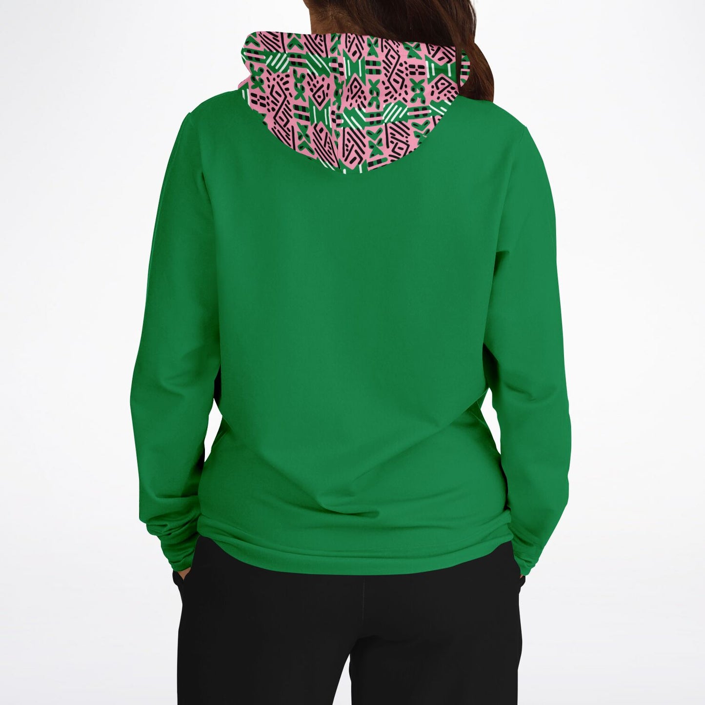 AKA Pink & Green Sorority Inspired African MudCloth Color Block Print Women's Athletic Hoodie, College Sorority Gift