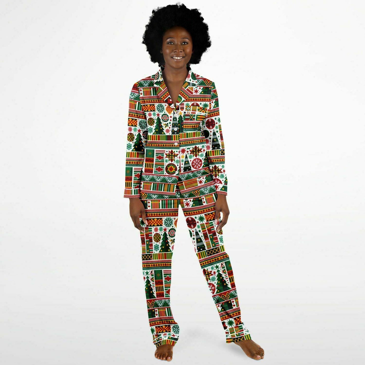 Kente Cloth Christmas Women's Satin Pajamas, Colorful Kente Cloth Christmas Themed Night Wear