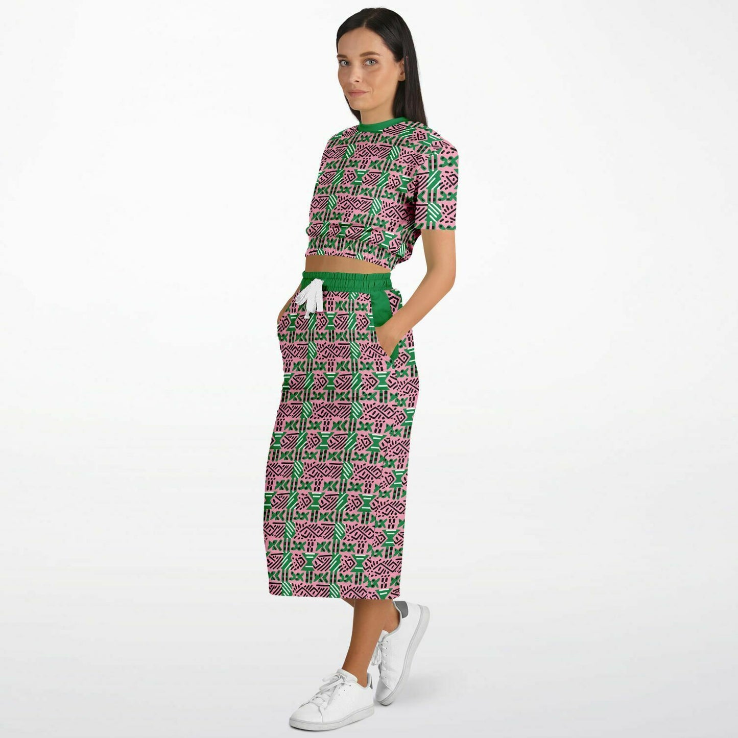 AKA Pink & Green Sorority Mud Cloth Print Skirt Set , Versatile Women's African Inspired Fashion