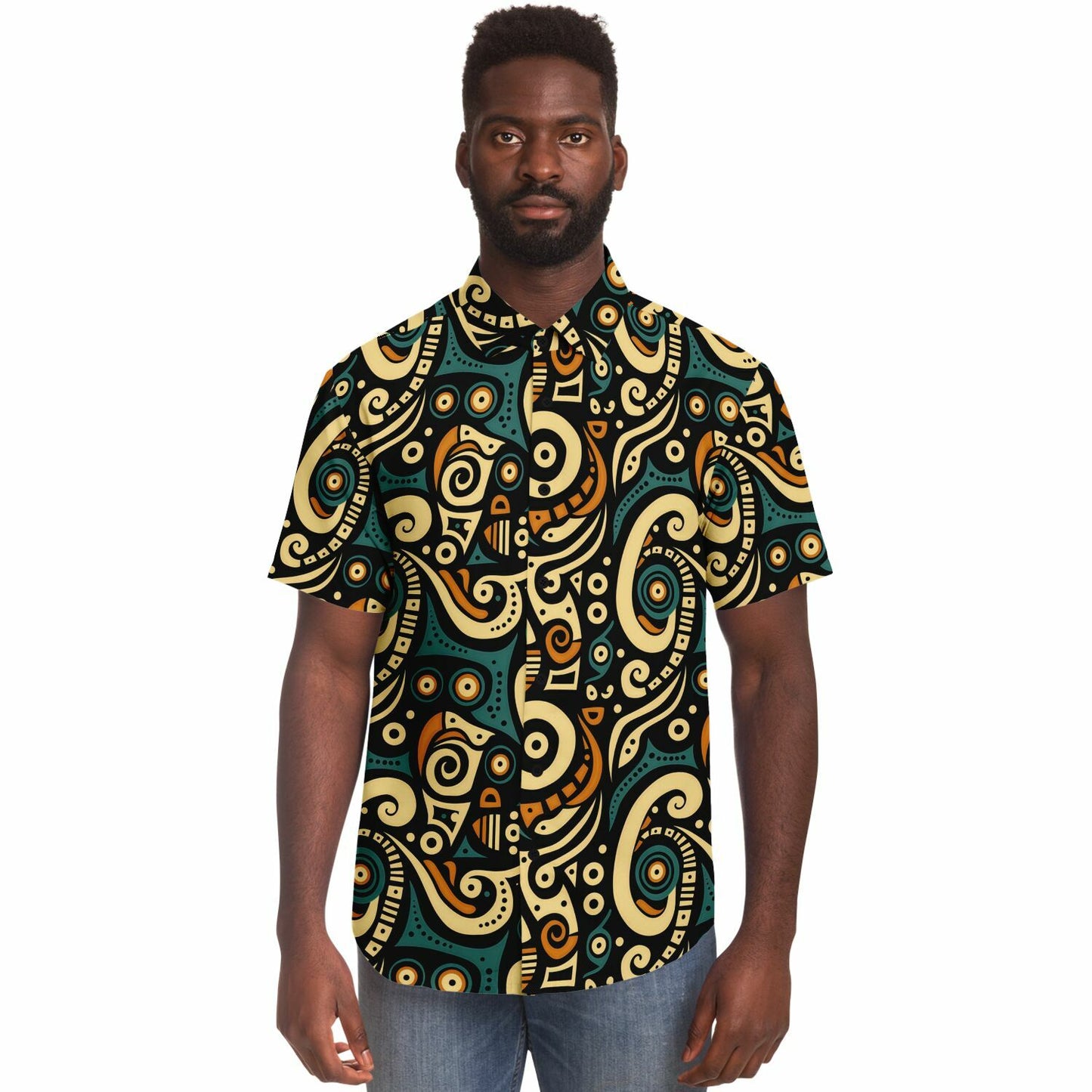 Afrocentric Art Print Short Sleeve Button Down Shirt, Teal & Burnt Sienna Retro Design