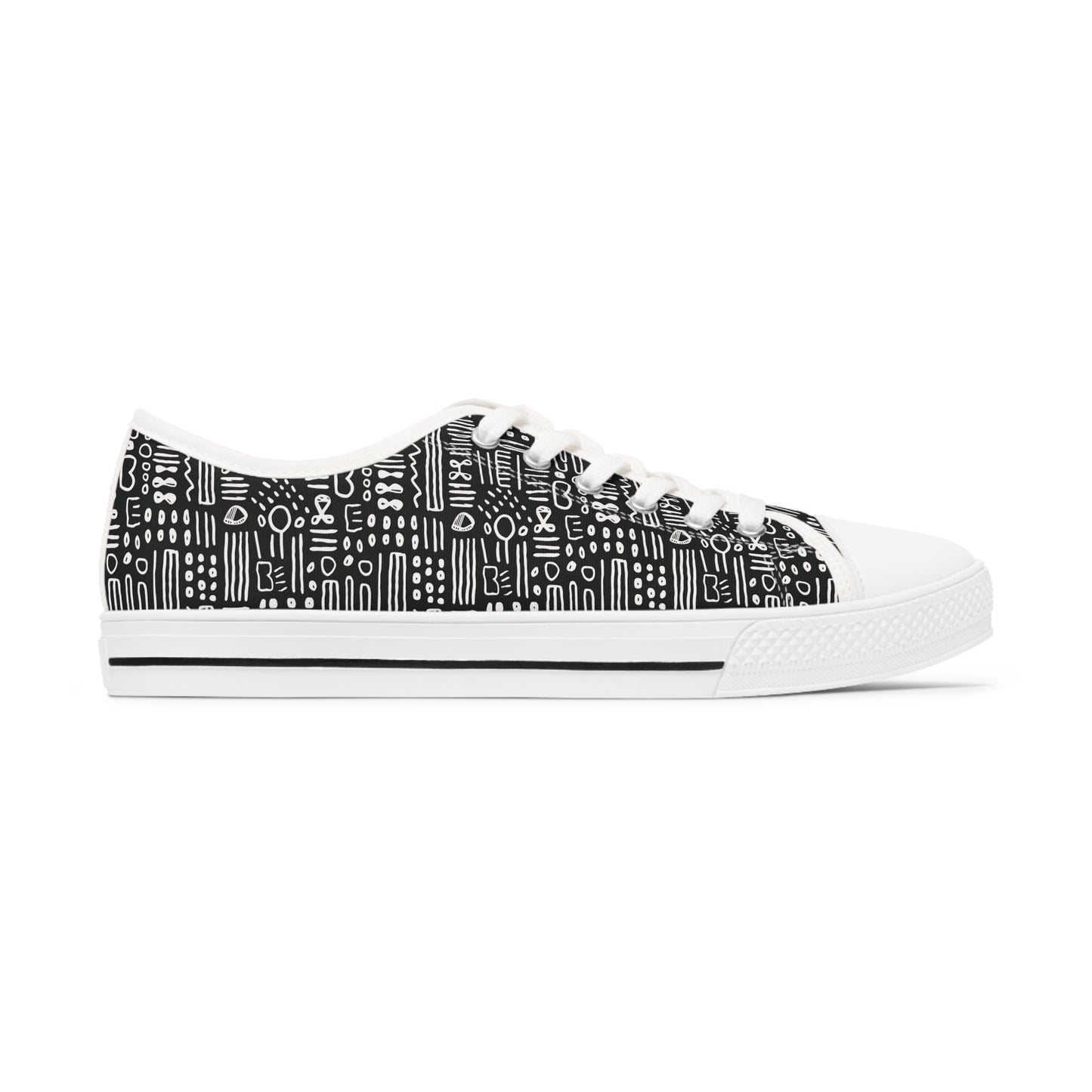 Black & White African Mud Cloth Print Women's Low Top Tennis Shoes, Abstract Print Women's Fashionable Low Top Sneakers