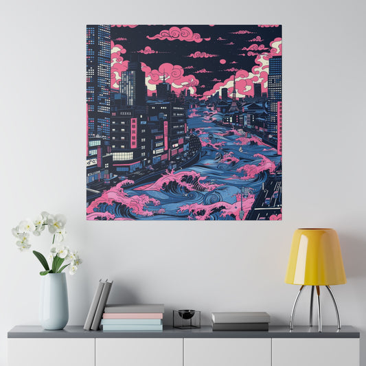 Pink and Blue Cityscape Art Print on Canvas - Urban Skyline Waves Poster, Eco-Friendly Frame