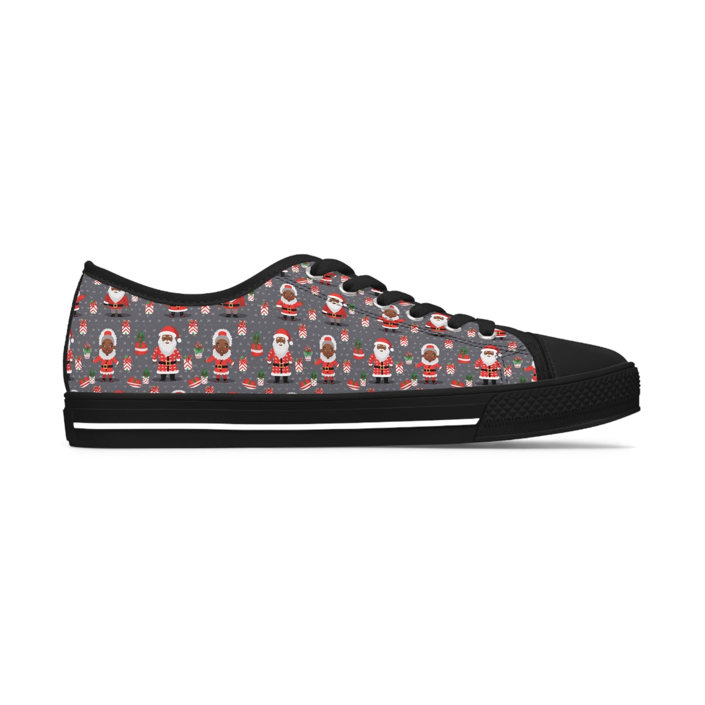 Black Santa & Mrs Claus Grey Christmas Low Top Tennis Shoes,  Unique Women's Holiday Sneakers