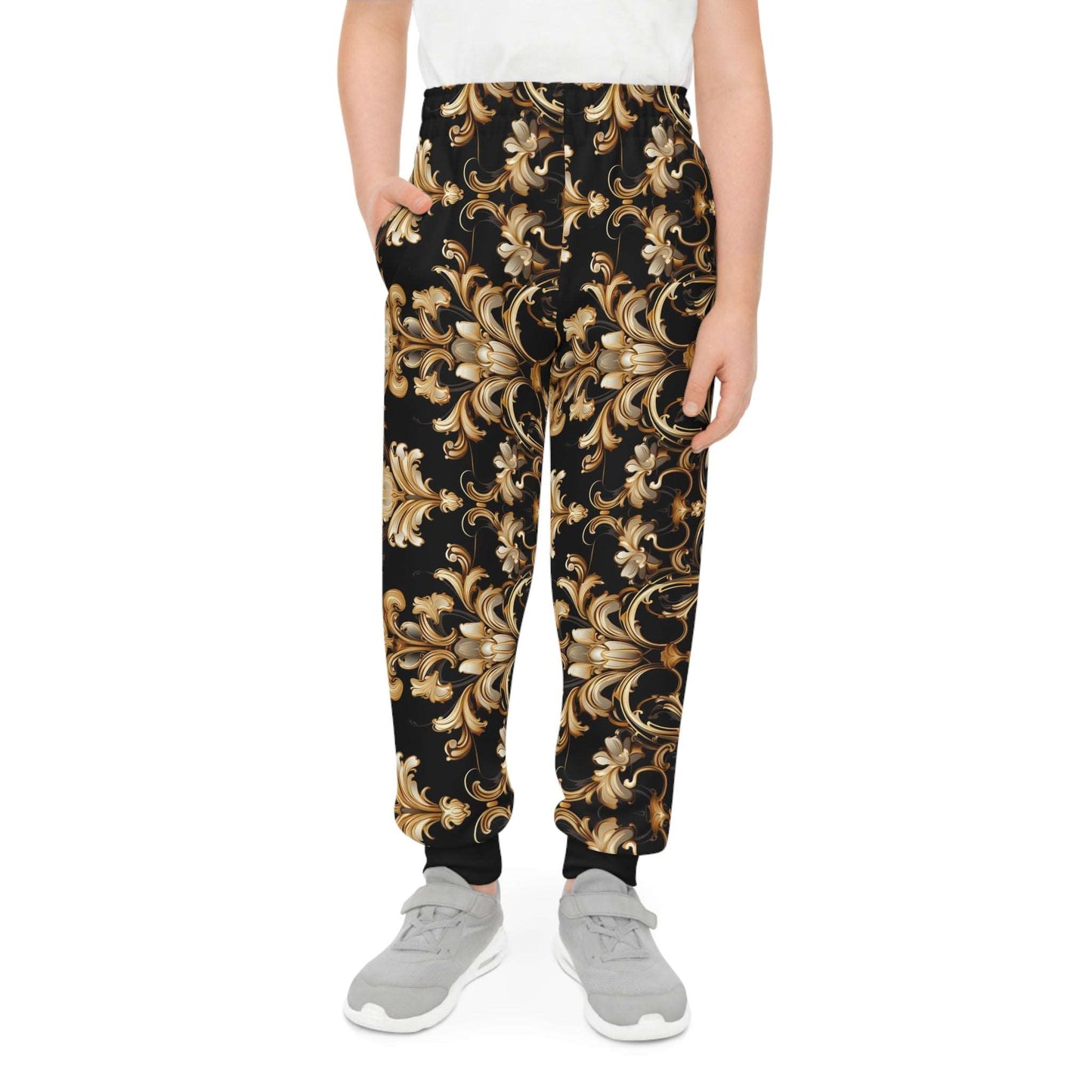 Baroque-Inspired Gold Print Kids Joggers, Urban Streetwear Style Bottom for Kids