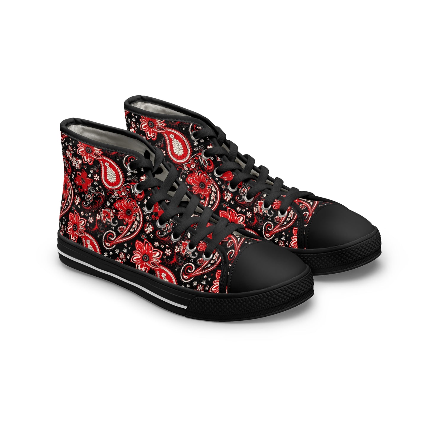 Black & Red Paisley Print Women's High Top Sneakers, Stylish Paisley Pattern Sneakers, Trendy Black and Red Bandana Print Shoes