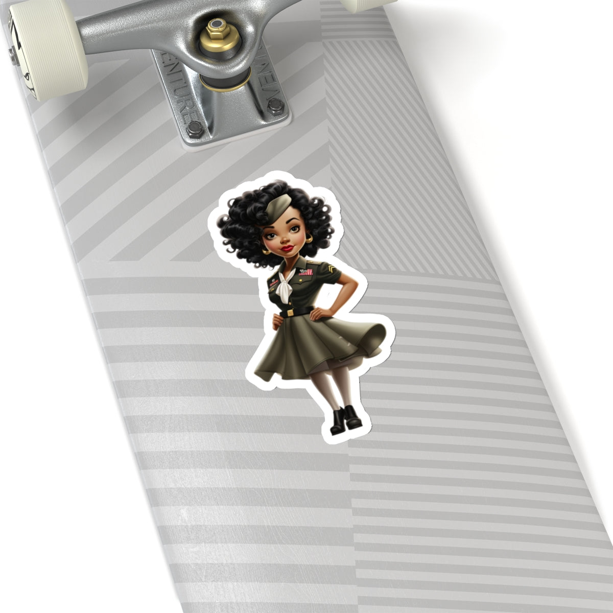 Animated Black Woman Military Pin-Up Sticker, Black Woman Pin Up Style Art Decal