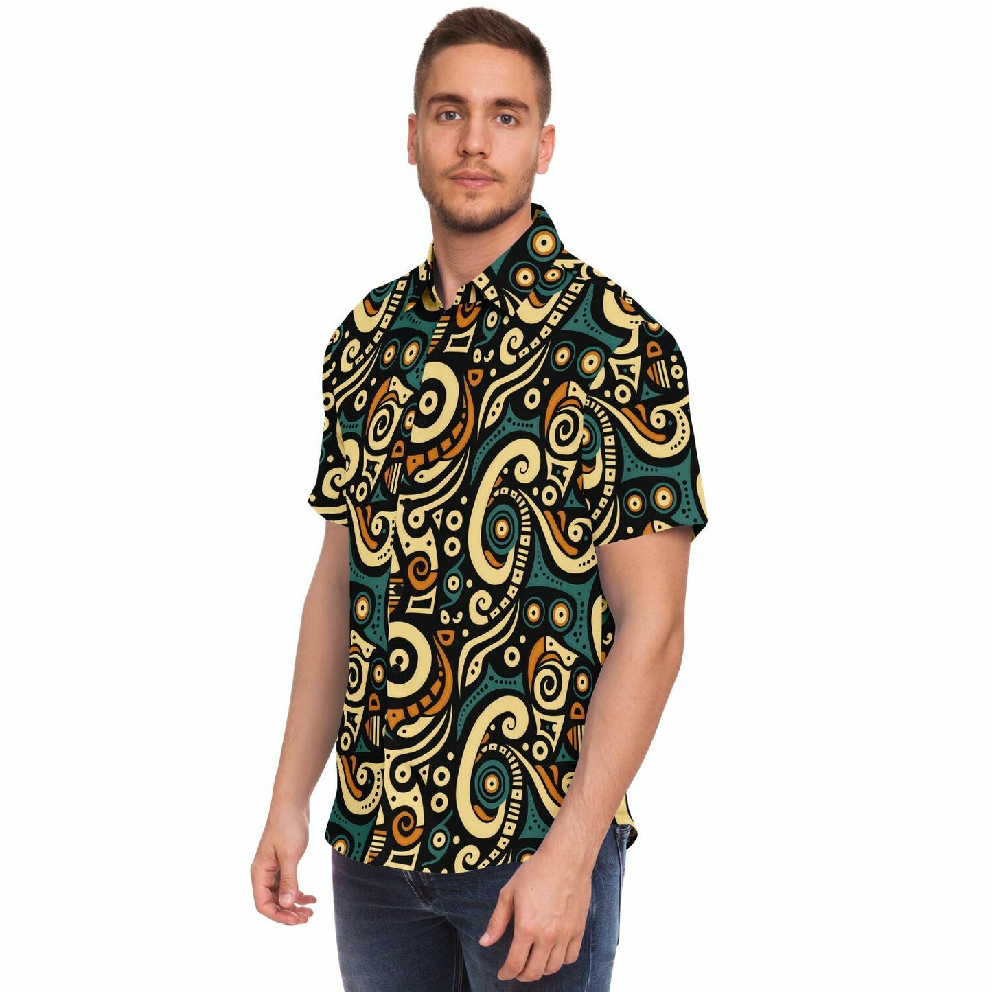 Afrocentric Art Print Short Sleeve Button Down Shirt, Teal & Burnt Sienna Retro Design