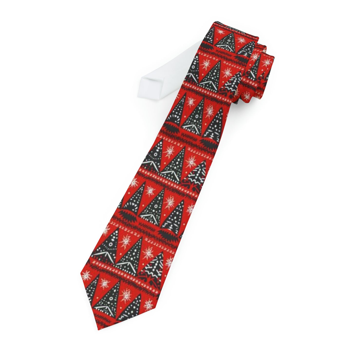 Red African Holiday Christmas Tree Print Necktie, Red Festive Christmas Mens Holiday Tie