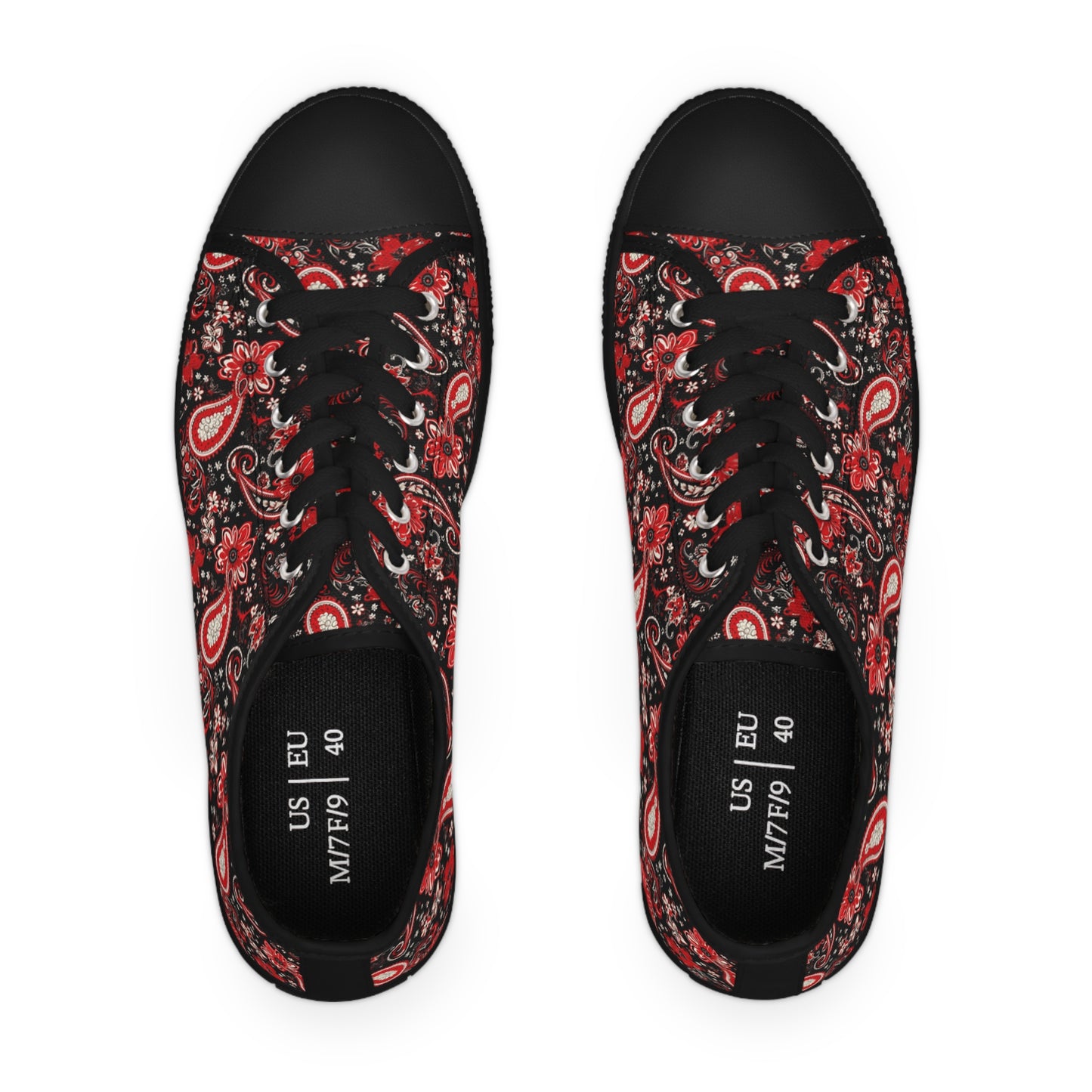 Black & Red Paisley Print Women's Low Top Sneakers, Stylish Paisley Pattern Sneakers