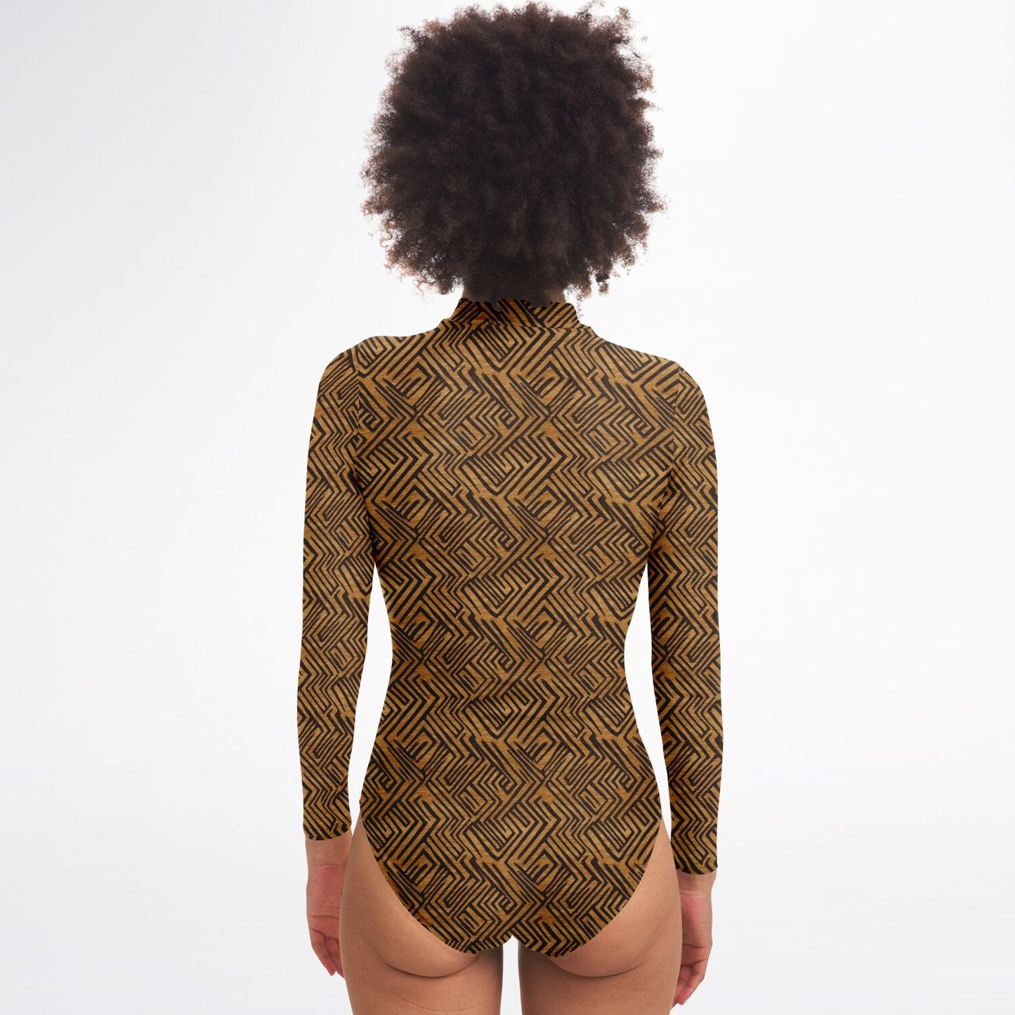 Brown & Black African Mud Cloth Women's Long Sleeve Bodysuit | African-Inspired Fashion | Comfortable African Print Activewear - Ships Free