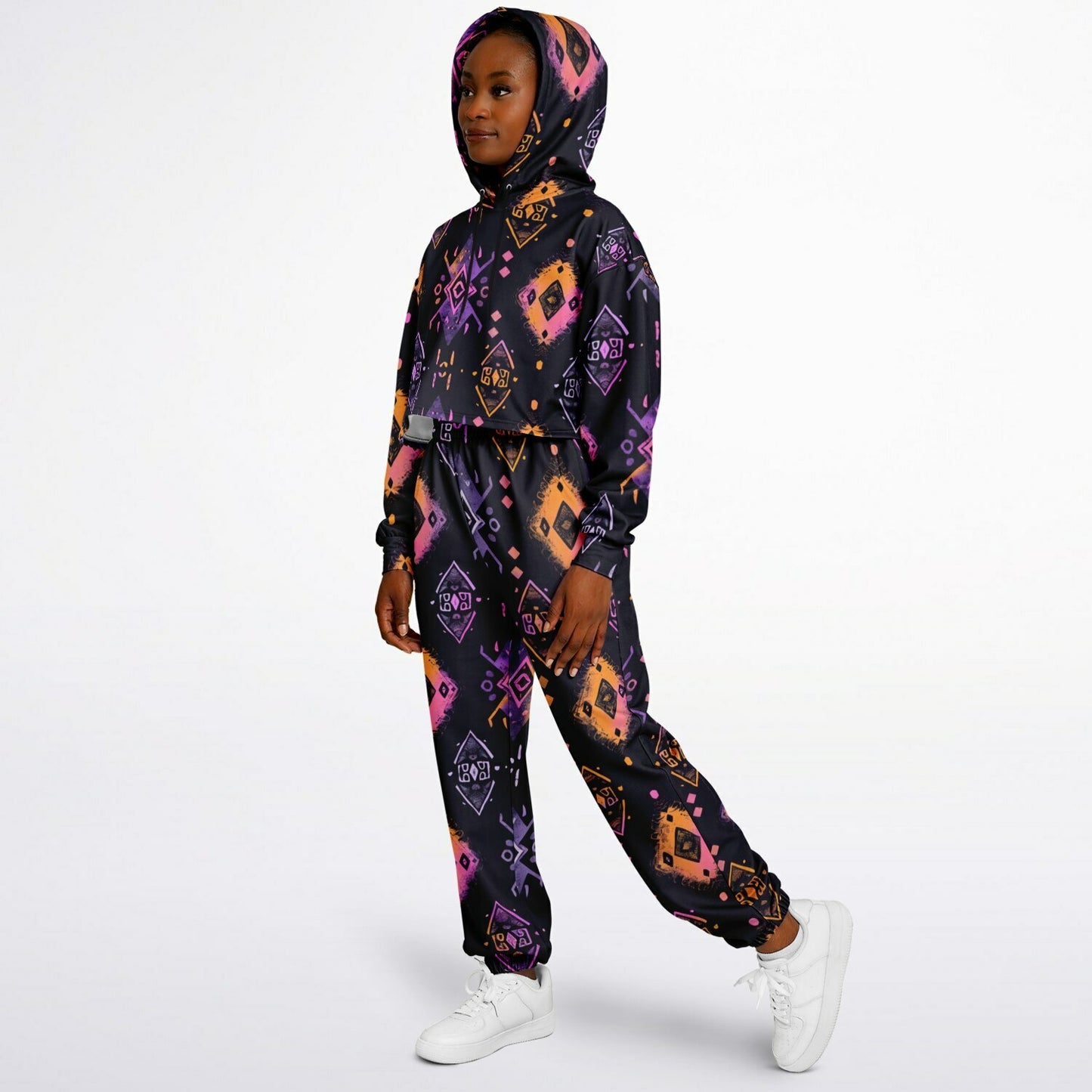 Women's Urban Pop Art African Mud Cloth Tracksuit, Tie-Dye Ethnic Twist Hoodie Set