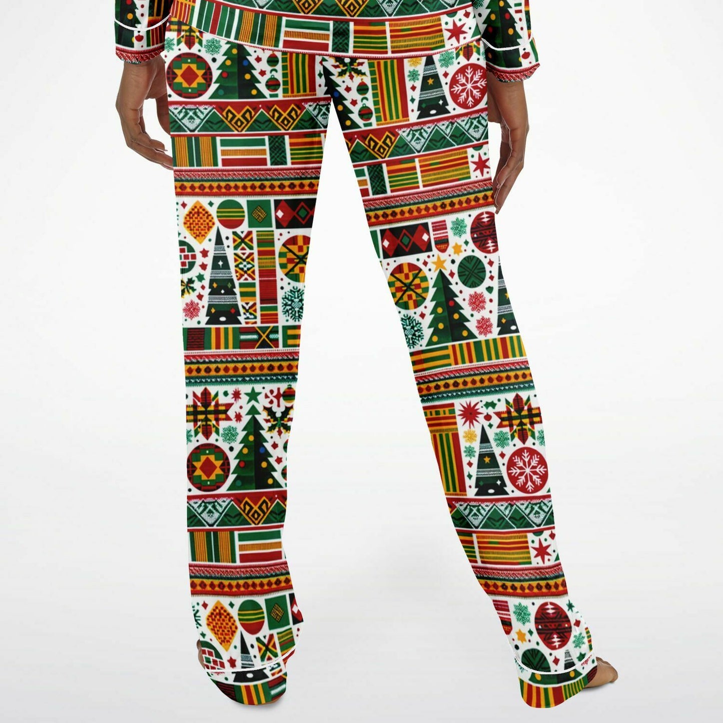 Kente Cloth Christmas Women's Satin Pajamas, Colorful Kente Cloth Christmas Themed Night Wear