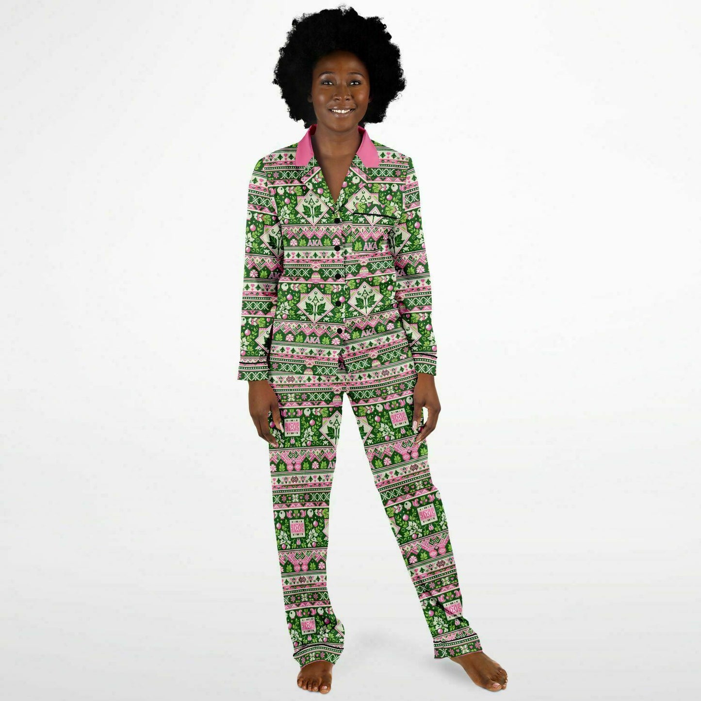 AKA Sorority Pink and Green Women's Satin Pajamas, AKA Themed Women's Holiday Themed 2 Piece Pajamas