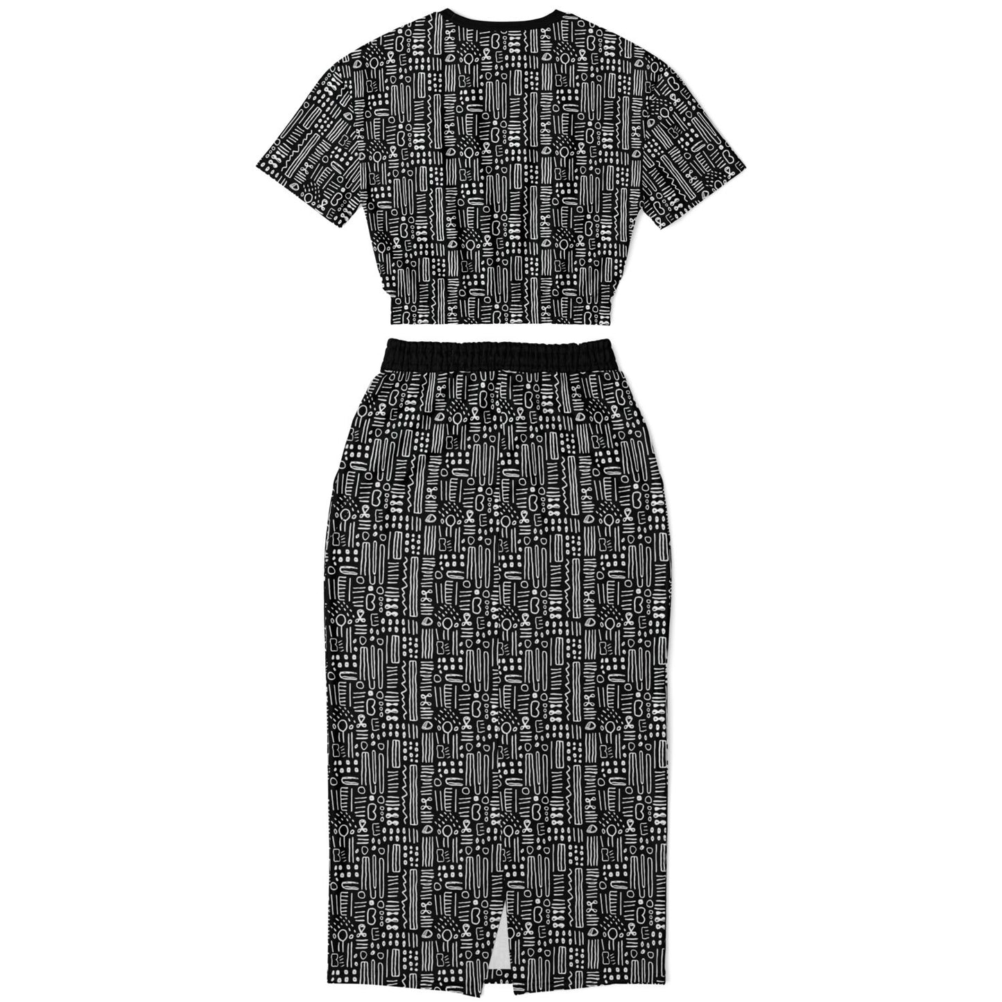 Black & White African Mud Cloth Cropped Sweatshirt & Long Skirt Set, Minimalist Ethnic Print Fashion