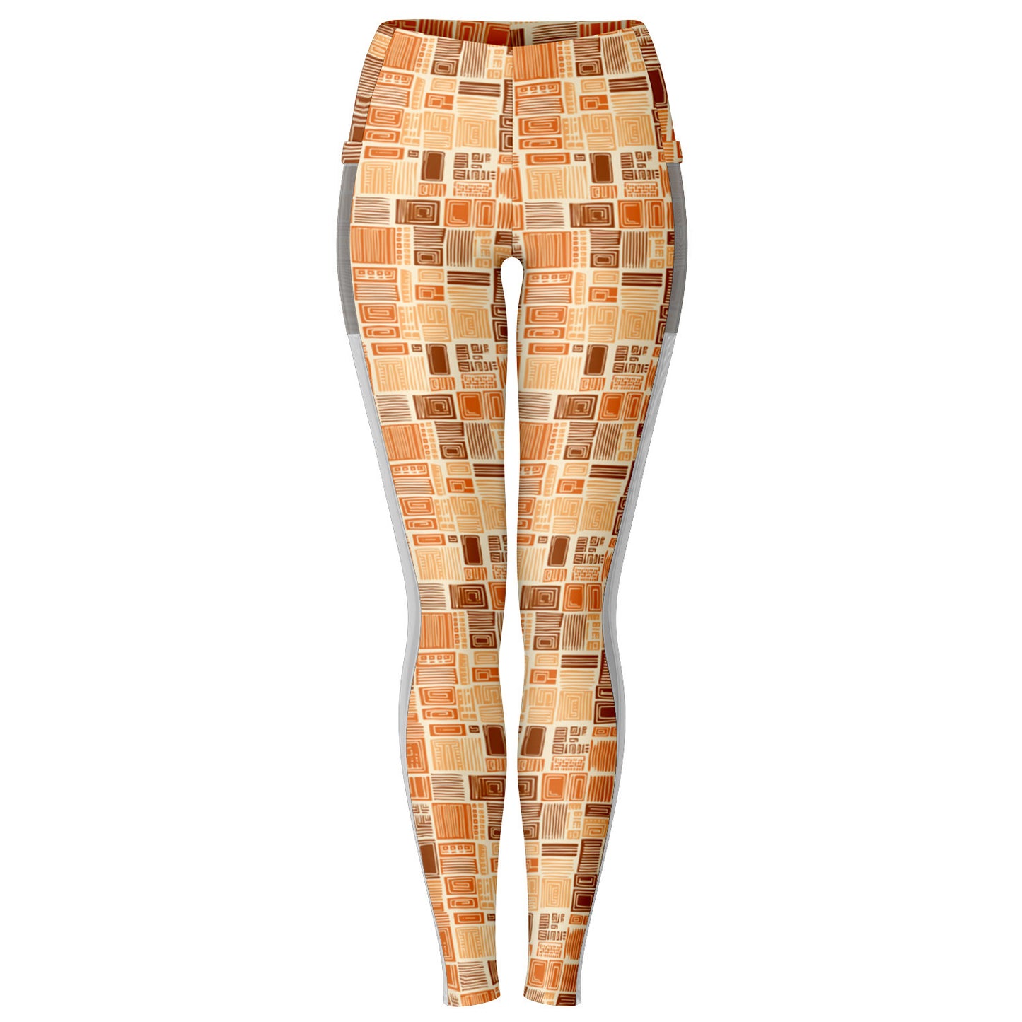 African Mud Cloth Earth Tone Mesh Pocket Leggings, Womens Ethnic Print Athleisure