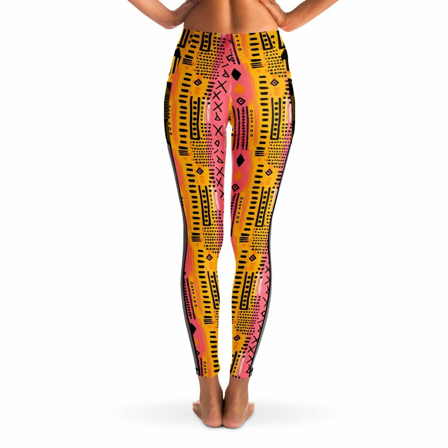 Sunset Sahara Colorful African MudCloth Print Mesh Women's Leggings, African Ankara Print Women's Work Out Wear