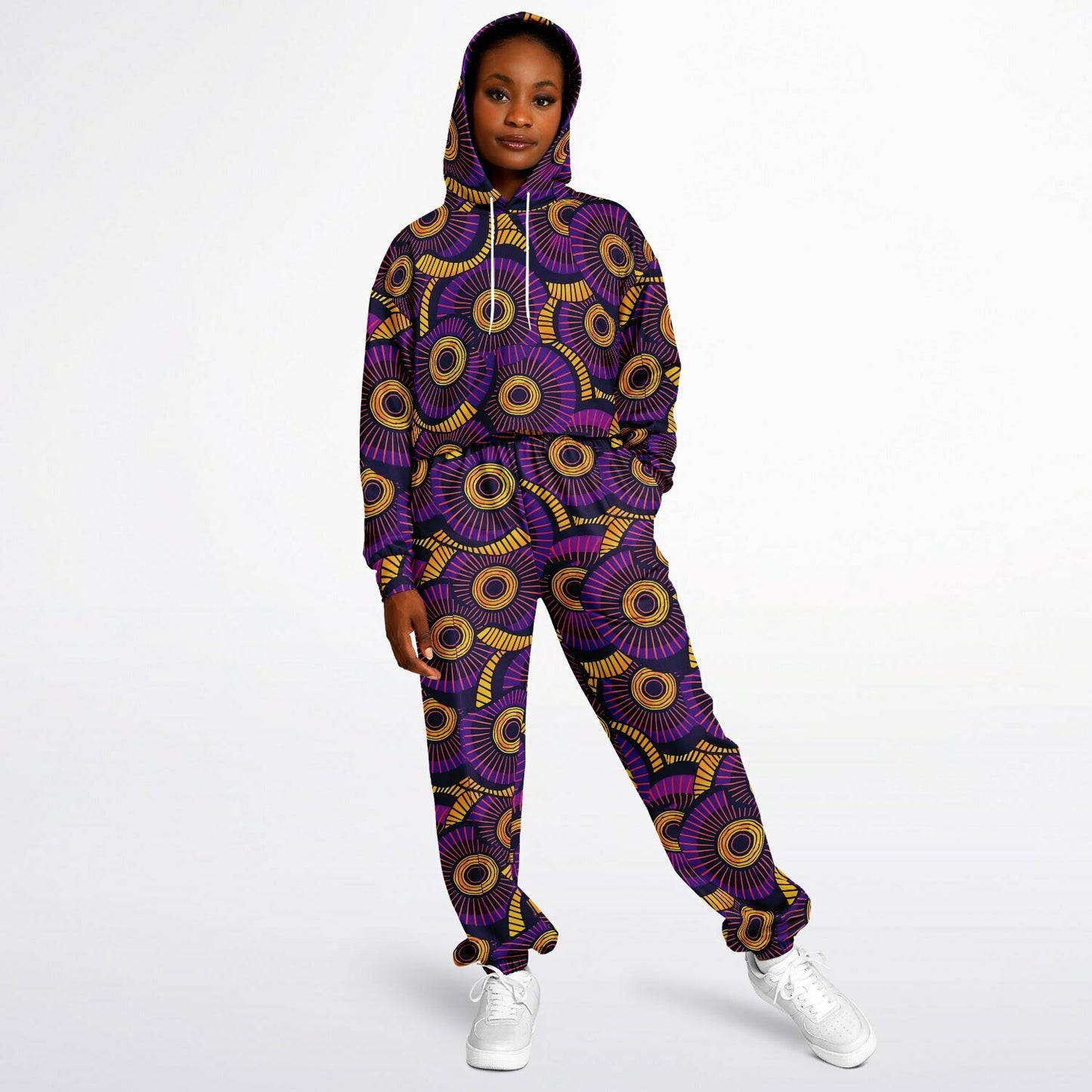 Purple and Gold Women's African Wax Print Tracksuit, Afrocentric Hoodie & Sweatpants