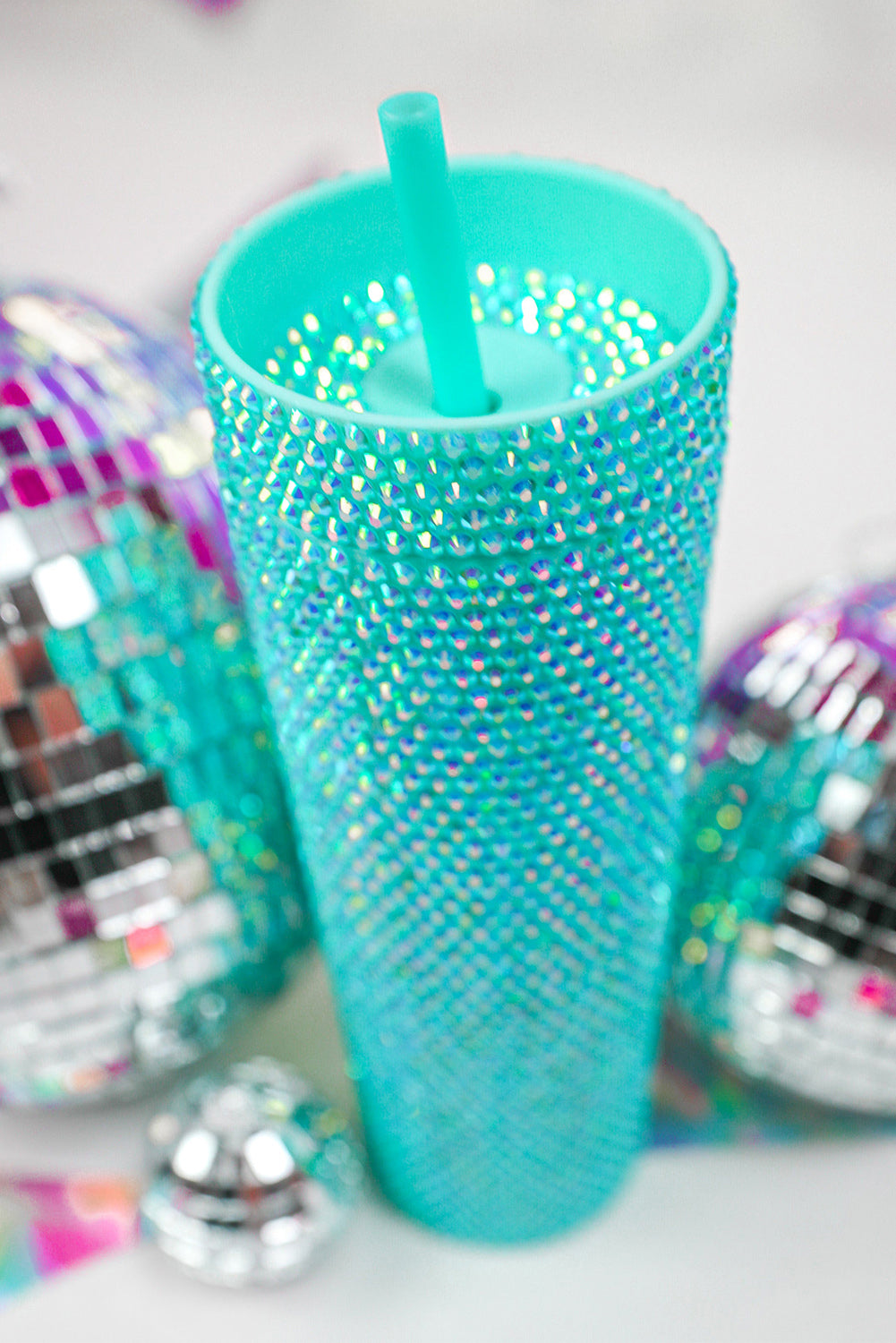 Glamorous Green Rhinestone-Embellished Travel Cup with Straw - Compact, Durable & Safe PP Material